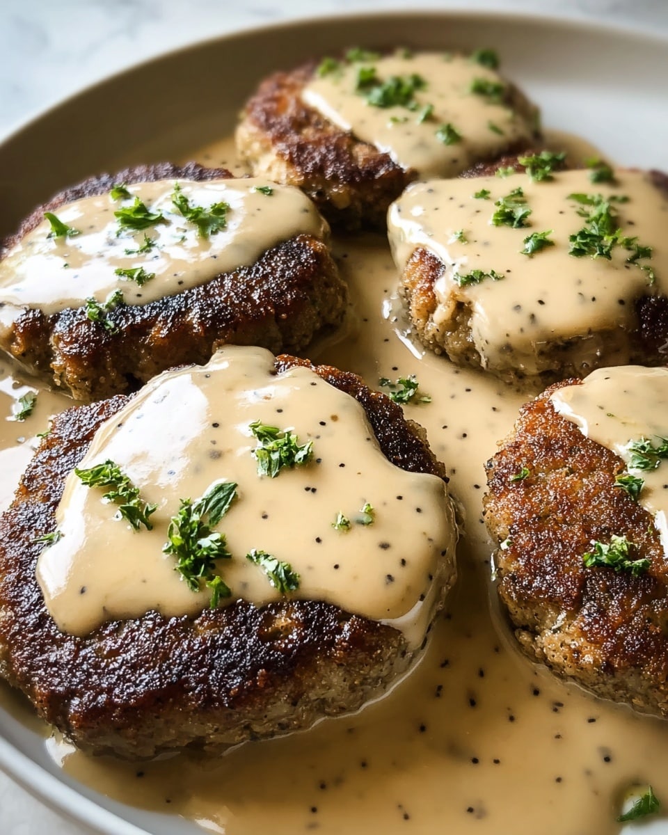 A close-up view of five browned patties on a flat white plate. Each patty has a thick light tan creamy sauce covering the top and flowing down the sides, with tiny black specks of pepper scattered on the sauce. Chopped green herbs are sprinkled on top of each sauce-covered patty, adding a fresh touch of color. The plate rests on a white marbled surface with soft natural light highlighting the glossy texture of the sauce and the crisp browned edges of the patties. photo taken with an iphone --ar 4:5 --v 7