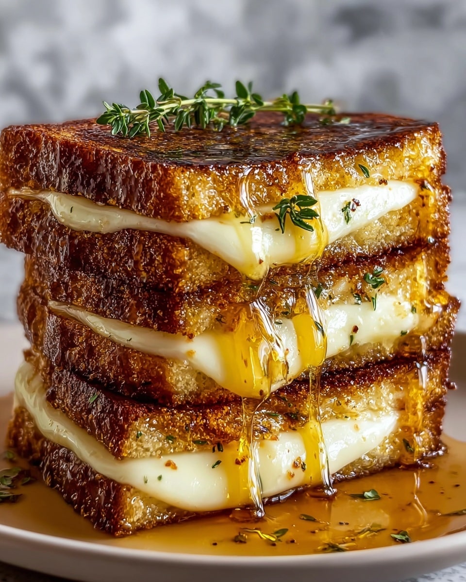 A stack of three grilled cheese sandwiches with perfectly toasted golden brown bread showing a slightly crispy texture on the edges and soft melted white cheese oozing thickly between each layer. Rich amber syrup is slowly dripping down the sides of the sandwiches, adding a glossy shine to the warm, crunchy surface. A small sprig of fresh green herbs sits neatly on top, enhancing the warm and inviting look. The stack is positioned on a white plate, set against a white marbled texture in the background. photo taken with an iphone --ar 4:5 --v 7