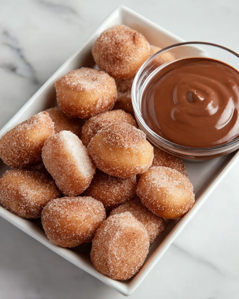A white rectangular dish holds about a dozen small, golden-brown donut holes lightly covered in a glistening sugar and cinnamon mix, giving each piece a textured, sandy look. On the right side inside the dish, there is a small clear glass bowl filled with a smooth, thick chocolate sauce, rich and shiny, contrasting with the matte donut holes. The whole setup is on a white marbled surface, bright and clean, enhancing the warm colors of the treats. photo taken with an iphone --ar 4:5 --v 7