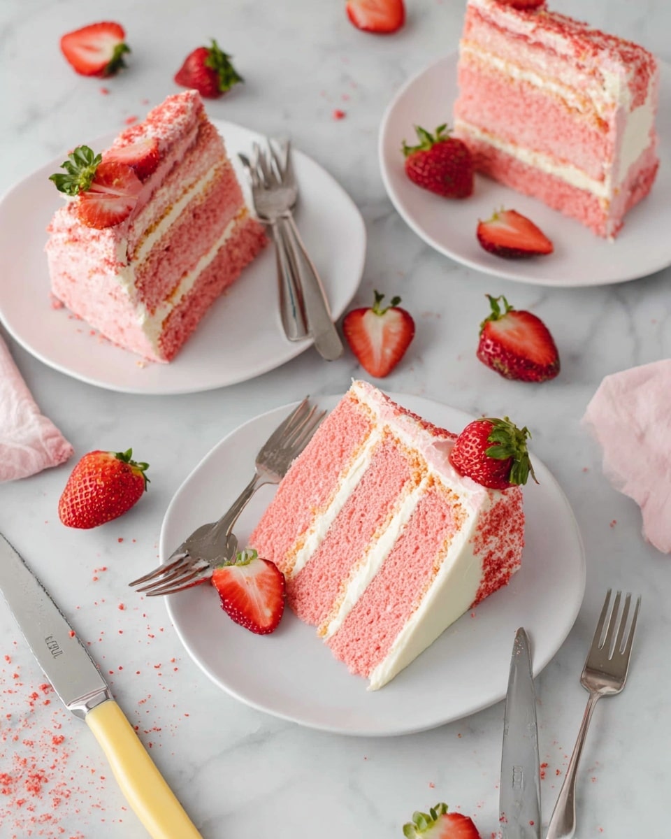 The image shows three slices of pink layered cake on white plates placed on a white marbled surface. Each cake slice has three even layers of pink sponge with white creamy frosting between each layer and on top. The edges of one cake slice have crumb coating in a light brown shade. Each slice is topped with a fresh red strawberry with green leaves. Some strawberries and strawberry halves are scattered around the plates. There are silver forks on each plate and a knife with a yellow handle lies near the center of the image. The whole setup is bright and clean, with tiny red crumbs sprinkled on the surface. Photo taken with an iphone --ar 4:5 --v 7