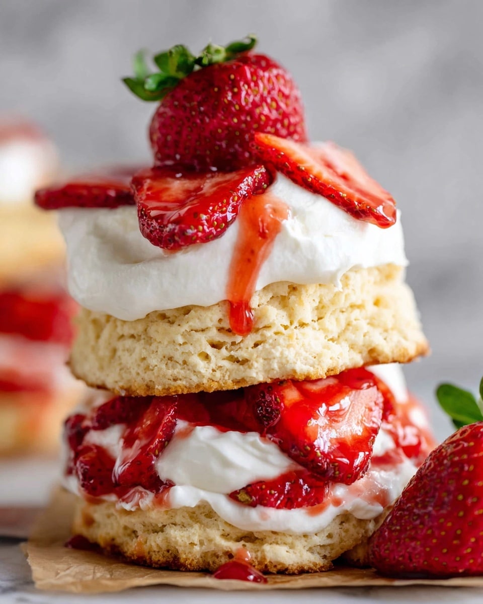 The image shows a shortcake dessert stacked in three main layers. The bottom layer is a thick, light golden biscuit with a crumbly texture. On top of this is a generous layer of smooth white whipped cream, which is partly melted and dripping slightly. Above the whipped cream is a bright red, juicy layer of sliced strawberries, some of which have glossy red syrup dripping down. Another biscuit layer, similar to the bottom, sits above the strawberries. This is topped with more whipped cream and several fresh strawberry slices, including a half strawberry with its green leaves still attached at the very top. The dessert rests on parchment paper against a white marbled background. photo taken with an iphone --ar 4:5 --v 7