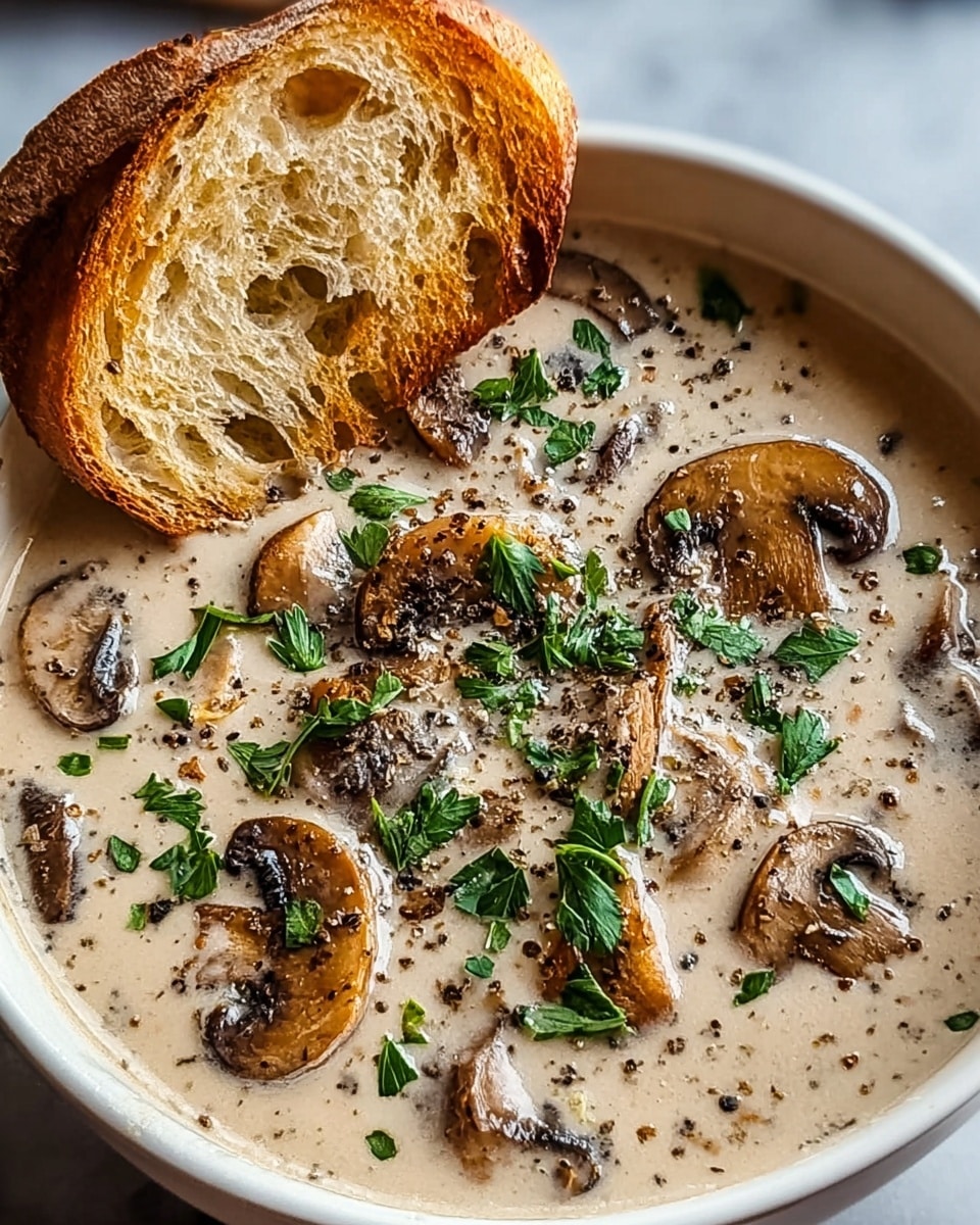 A close-up view of a creamy mushroom soup in a white bowl, showing a thick, light beige base with visible pieces of sliced, cooked mushrooms in varying shades of brown and cream scattered evenly throughout. The soup is topped with chopped fresh green herbs and a few cracks of black pepper, adding color contrast and texture. Two toasted slices of bread with a golden crust and airy texture lean on one side of the bowl, partially submerged in the soup. The bowl is set on a white marbled surface. photo taken with an iphone --ar 4:5 --v 7