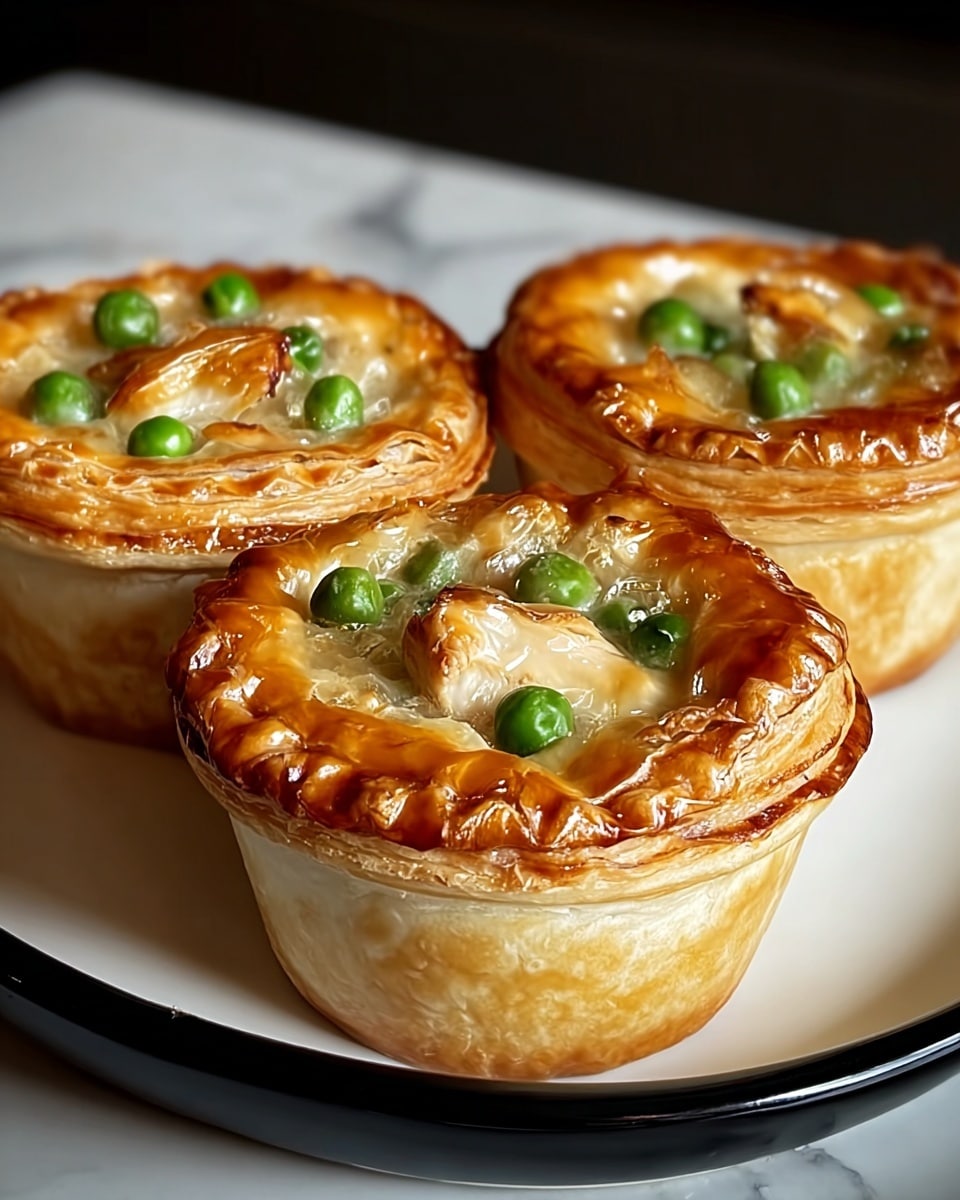 Three small golden brown pies sit on a white plate with a black base, placed on a white marbled texture. Each pie has a shiny, flaky crust with light crisp layers on top, and the sides show a soft beige dough shell. On top of each pie are green peas and small pieces of white chicken visible through a slightly glossy surface. The light reflects off the crust emphasizing its flaky texture and golden color. Photo taken with an iphone --ar 4:5 --v 7