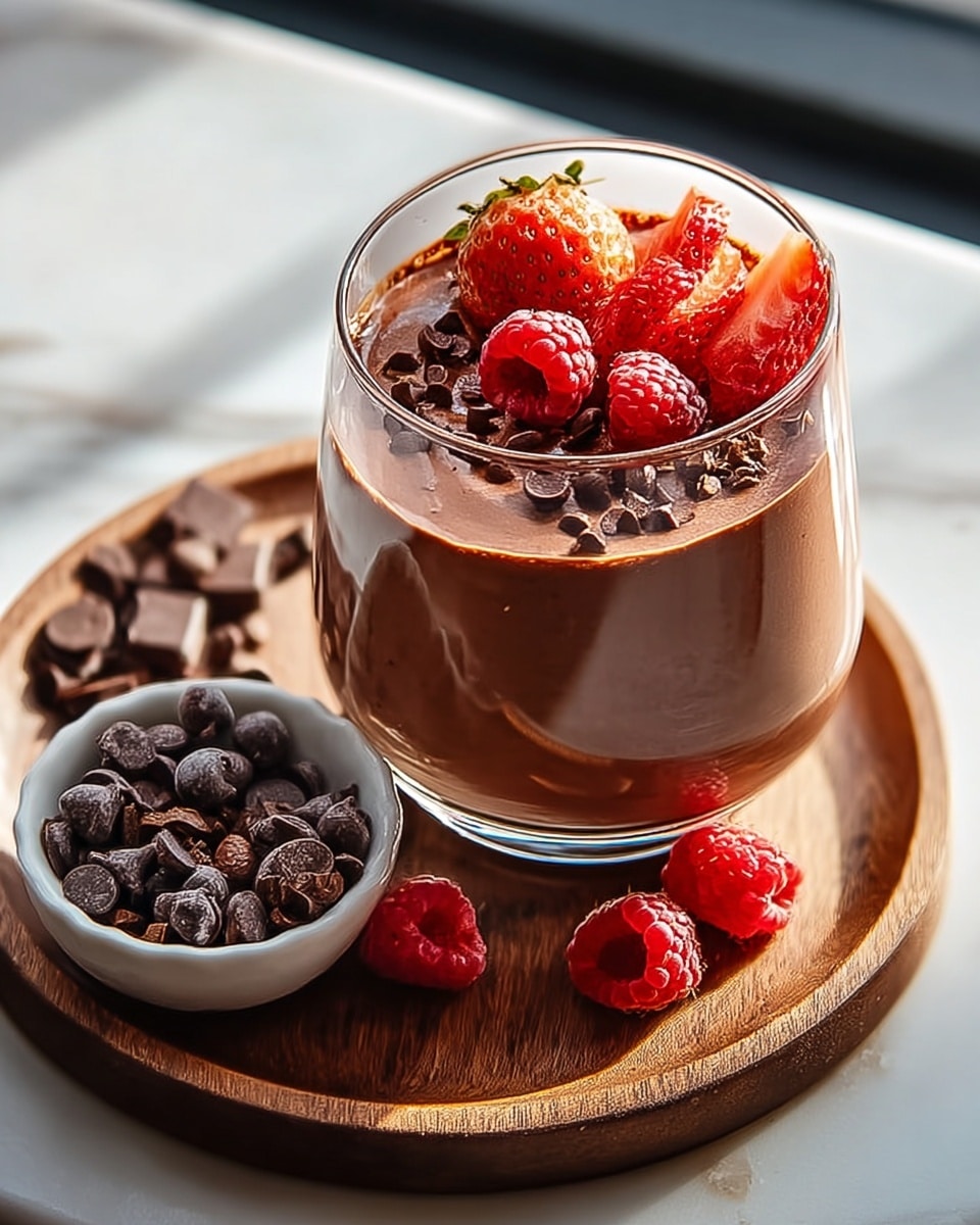 A close-up image of a black bowl filled with a smooth, thick chocolate mousse as the base layer, which is glossy and rich brown in color. On top, there are shiny dark chocolate chips clustered on one side, three bright red raspberries with detailed texture, and a couple of fresh strawberry halves showing their juicy red and white inner parts, garnished with a small green mint leaf. There are also some pieces of walnuts and almonds placed next to the berries adding a crunchy texture. A silver spoon is partially dipped into the mousse on the right side of the bowl. The bowl sits on a white marbled surface. Photo taken with an iphone --ar 4:5 --v 7