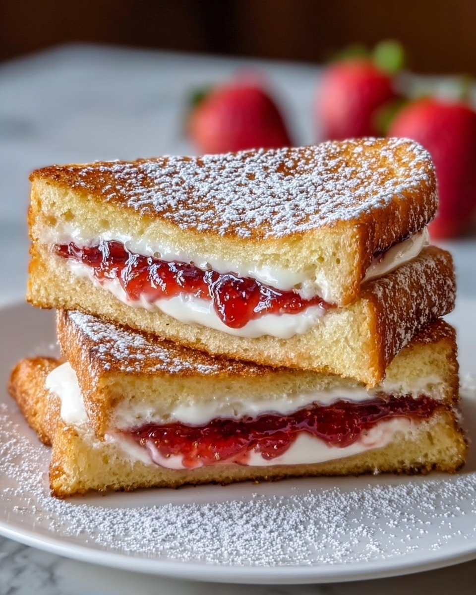 A close-up of two sandwich halves stacked on a white plate, each sandwich showing three main layers: a golden-brown toasted bread slice on top dusted with powdered sugar, a middle layer of bright red strawberry jam with a shiny, slightly chunky texture, and a bottom layer of smooth white cream. The sandwiches are thick and soft, with the jam and cream visible and slightly oozing between the bread. In the blurred background, red strawberries with green leaves sit on a white marbled surface. photo taken with an iphone --ar 4:5 --v 7