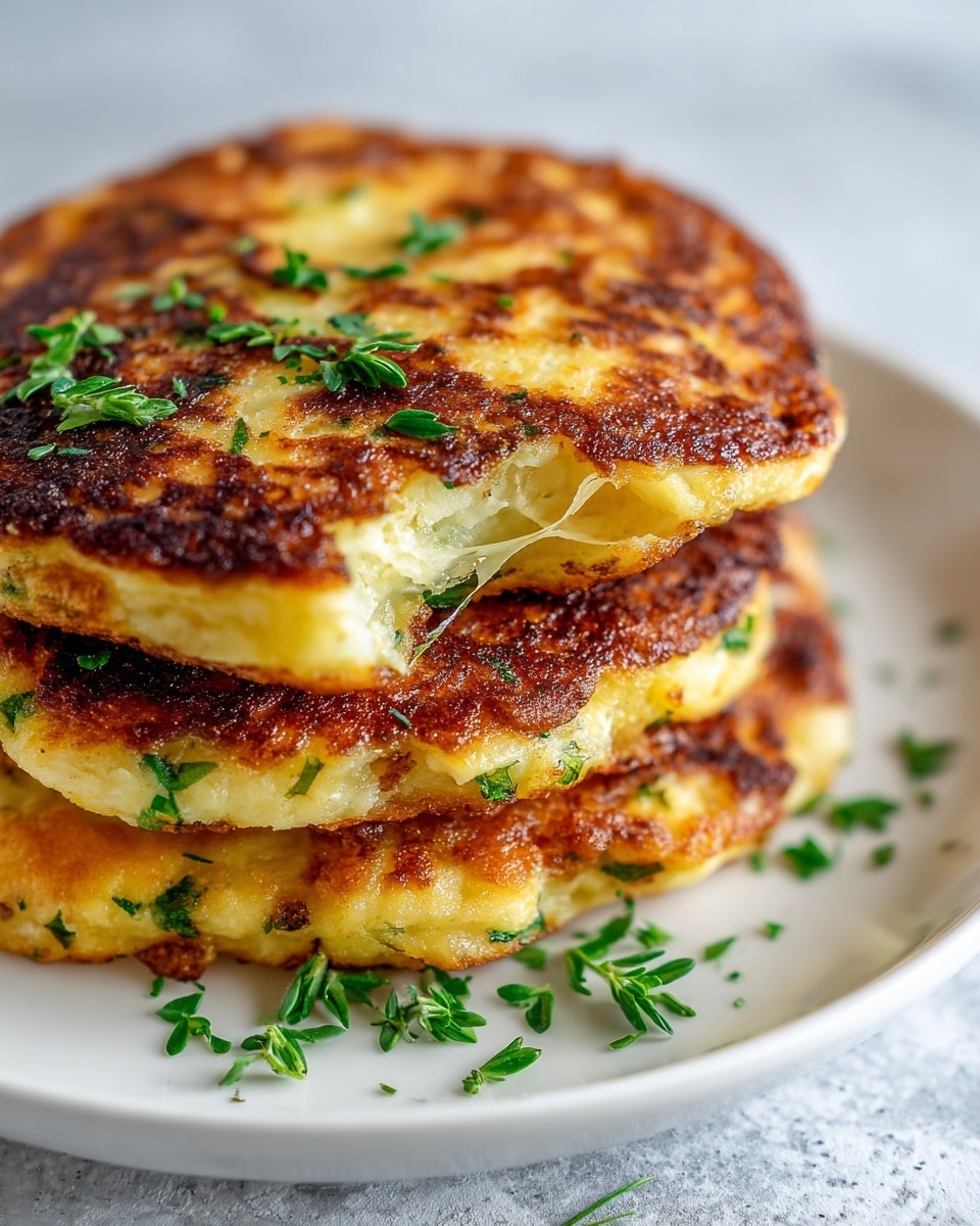 A close-up image showing a stack of three golden brown cheesy potato pancakes with a crispy texture. Each pancake has a rough surface with visible browned spots, and the middle pancake is slightly lifted revealing melted, stretchy cheese and small green herb bits inside. The edges are uneven and slightly crunchy, with some fresh green herbs sprinkled around the base on a white plate, set on a white marbled texture surface. photo taken with an iphone --ar 4:5 --v 7