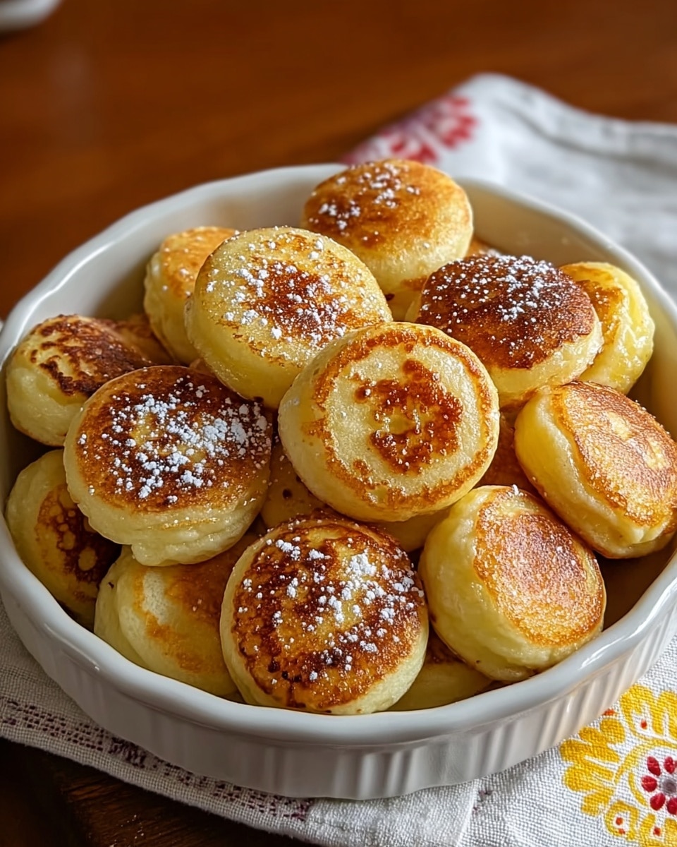 A round white ceramic dish is filled with about twelve golden brown, small round puffed pancakes, each with a slightly crisp surface and some sprinkled lightly with powdered sugar. The pancakes exhibit a soft, fluffy texture with a warm yellow color showing through the browned spots. The dish sits on a wooden surface with part of a white cloth with yellow and red patterns visible on the side. The dish is well-lit, capturing the shine and texture of the pancakes. photo taken with an iphone --ar 4:5 --v 7