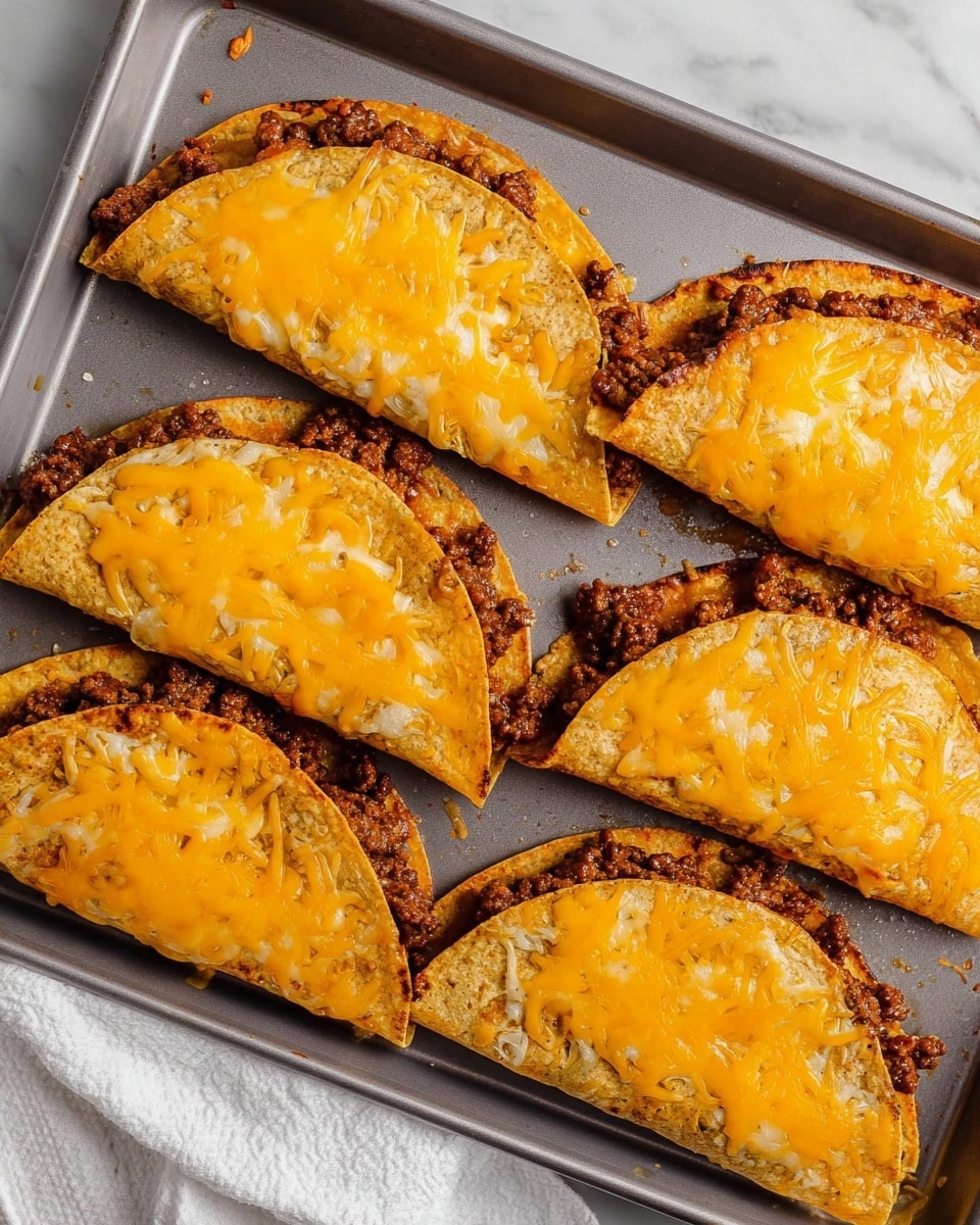 Six folded tacos are placed on a baking tray with a grey surface, each taco showing two visible layers: the top layer is melted bright orange cheddar cheese with a smooth and slightly oily texture, the bottom layer inside the taco is a ground beef filling with a dark brown color and some visible seasonings, the taco shells are golden brown and crispy, slightly curled on the edges, all resting on a white marbled surface with a white towel partially visible on the side, photo taken with an iphone --ar 4:5 --v 7
