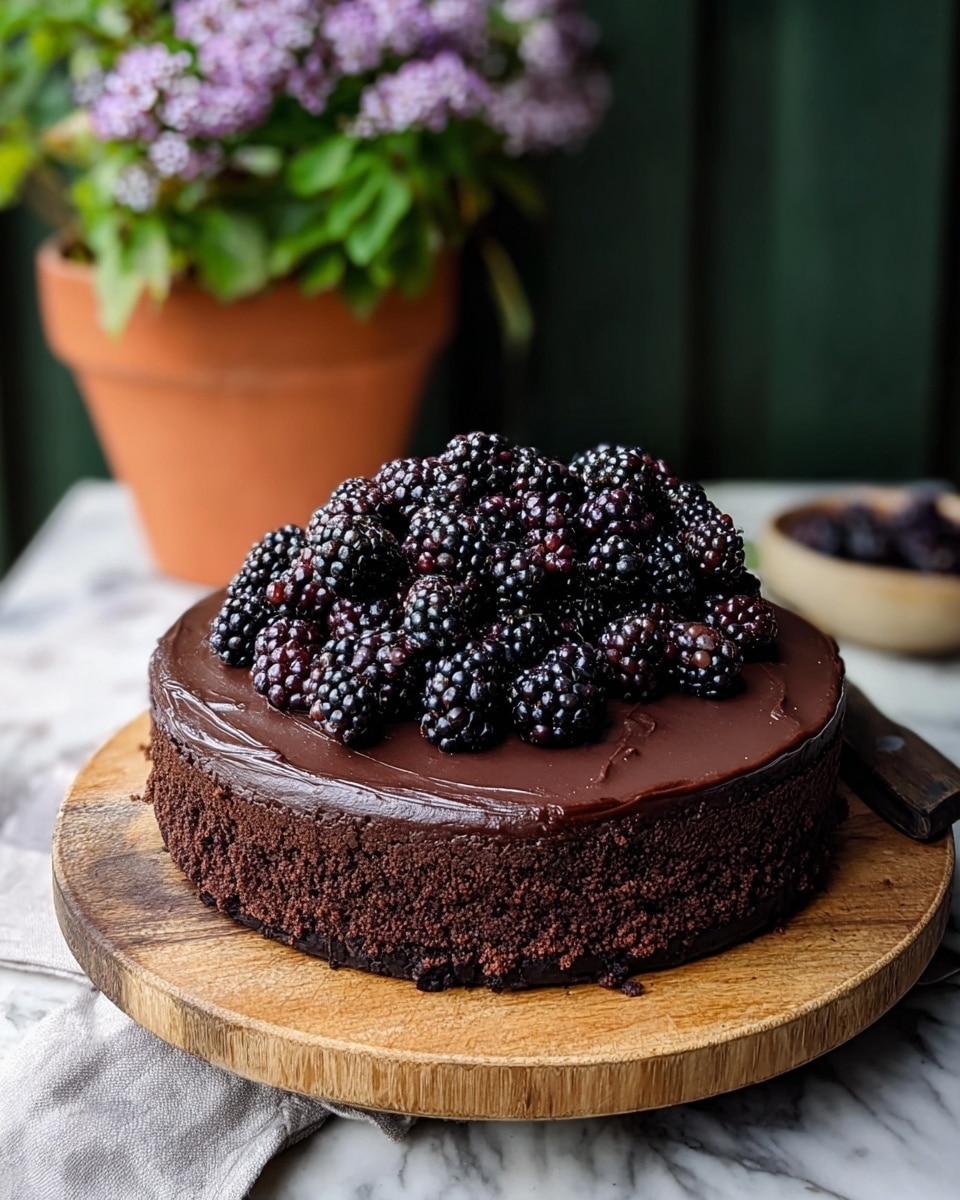 A round chocolate cake with two visible layers sits on a round wooden board placed on a white marbled surface. The bottom layer is a thick, dark chocolate crumb layer with a rough texture around the edges. The top layer is smooth and glossy dark chocolate frosting, evenly spread across the top and sides. A generous pile of fresh, shiny blackberries rests in the center on top of the cake, adding a rich, natural black and deep purple color contrast. The background shows blurred greenery and purple flowers. photo taken with an iphone --ar 4:5 --v 7