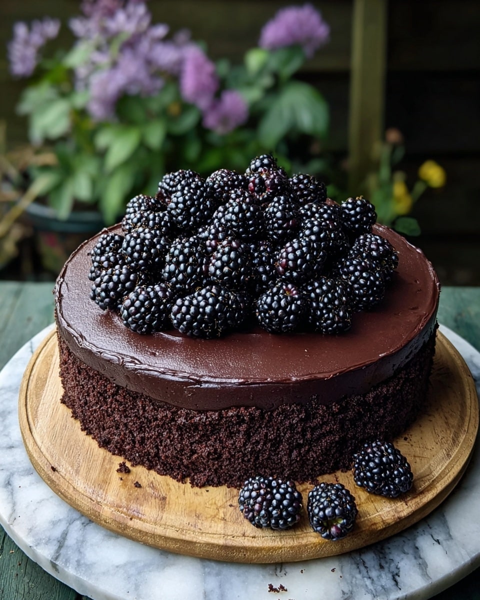 A dark chocolate cake with two layers is shown on a round wooden board, placed on a white marbled surface. The bottom layer is thick and crumbly with a rough textured edge, rich dark brown almost black in color. The top layer is a smooth, glossy spread of dark chocolate frosting covering the whole cake evenly. On top of the cake, there is a pile of fresh blackberries that are shiny and dark purple-black with small bright red hints. In the background, a terracotta pot with a green leafy plant and clusters of small purple flowers is visible. Photo taken with an iphone --ar 4:5 --v 7