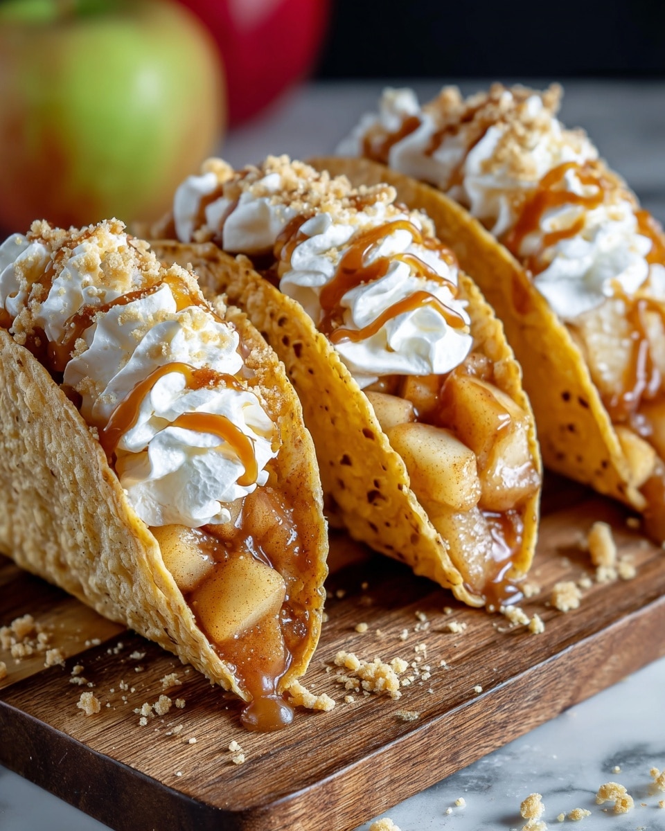 Three tacos stand side by side on a wooden board, each taco shell golden and slightly crispy with a dotted texture. Inside each shell, there is a cooked apple filling with visible soft, caramelized chunks of pale yellow and light brown apples mixed with a sticky brown cinnamon sauce. Each taco is topped with a swirl of fluffy white whipped cream, drizzled with amber caramel sauce, and sprinkled with light tan crumbly bits. The wooden board has scattered crumbs, and in the blurry background, there is a red and green apple. The surface under the board is white marbled texture. photo taken with an iphone --ar 4:5 --v 7