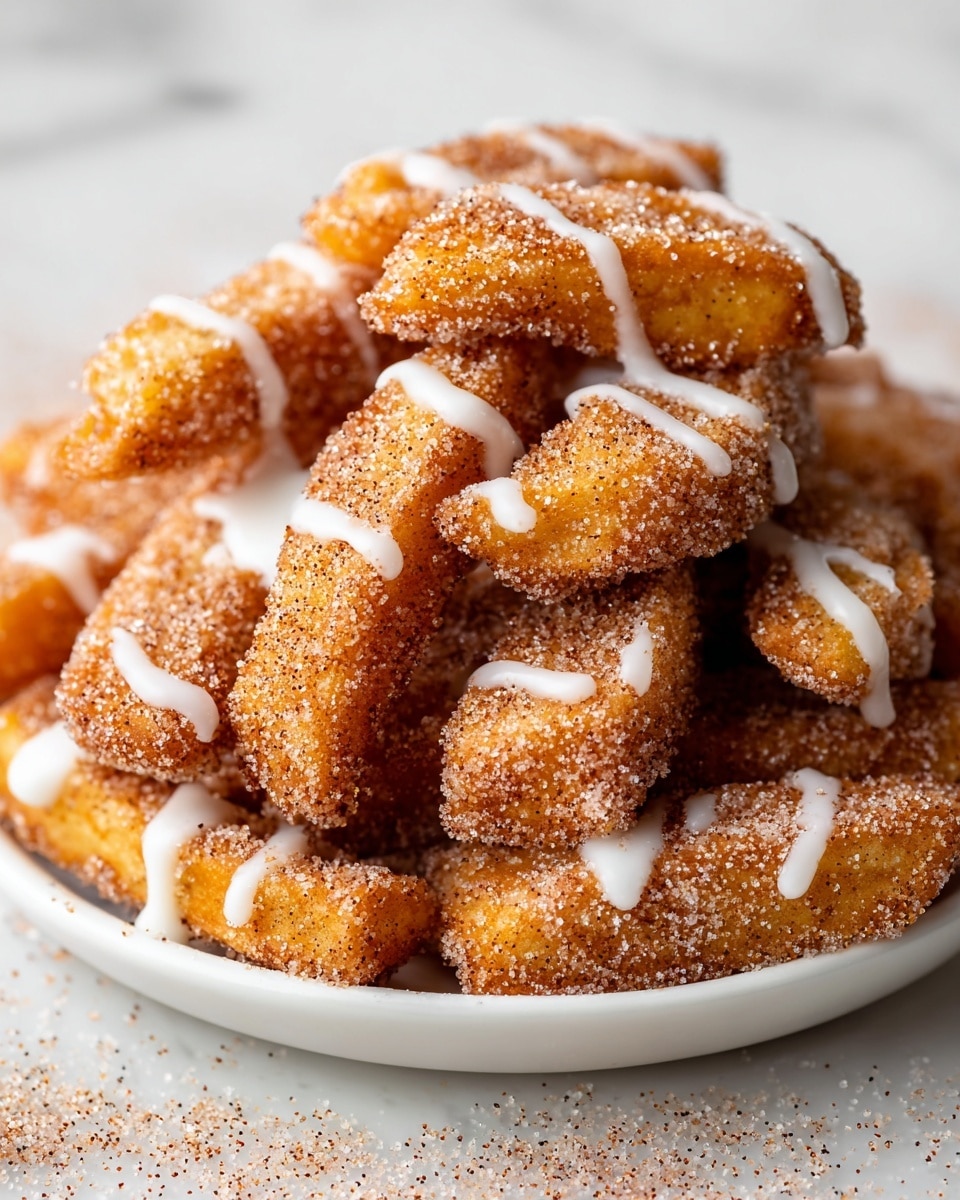 A close-up view of a pile of thick golden fries covered in a light layer of cinnamon sugar, giving them a grainy texture with brown and white specks. The fries are drizzled with thin, uneven lines of white icing that contrasts against the warm tones of the fries. They are placed on a white plate lined with white parchment paper, all on a white marbled surface. The fries look crispy and coated evenly, stacked in a slightly messy heap. photo taken with an iphone --ar 4:5 --v 7
