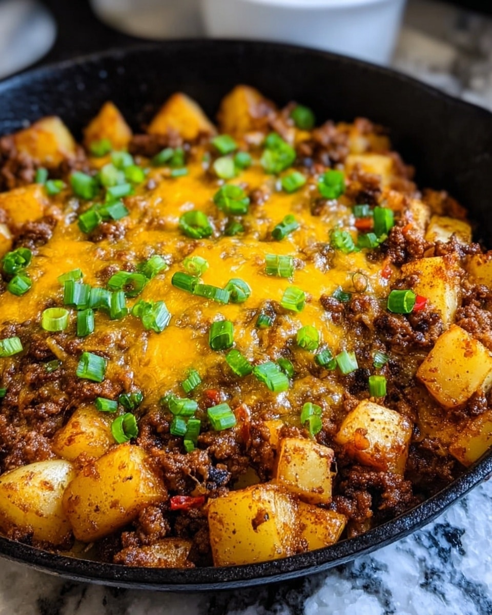 The image shows a black cast iron skillet filled with a dish made of browned ground beef and golden roasted potato chunks mixed together. On top, there is a layer of melted yellow cheese that looks gooey and slightly browned in spots. The dish is garnished with bright green chopped scallions scattered evenly over the cheese and potatoes. The skillet sits on a white marbled surface. photo taken with an iphone --ar 4:5 --v 7