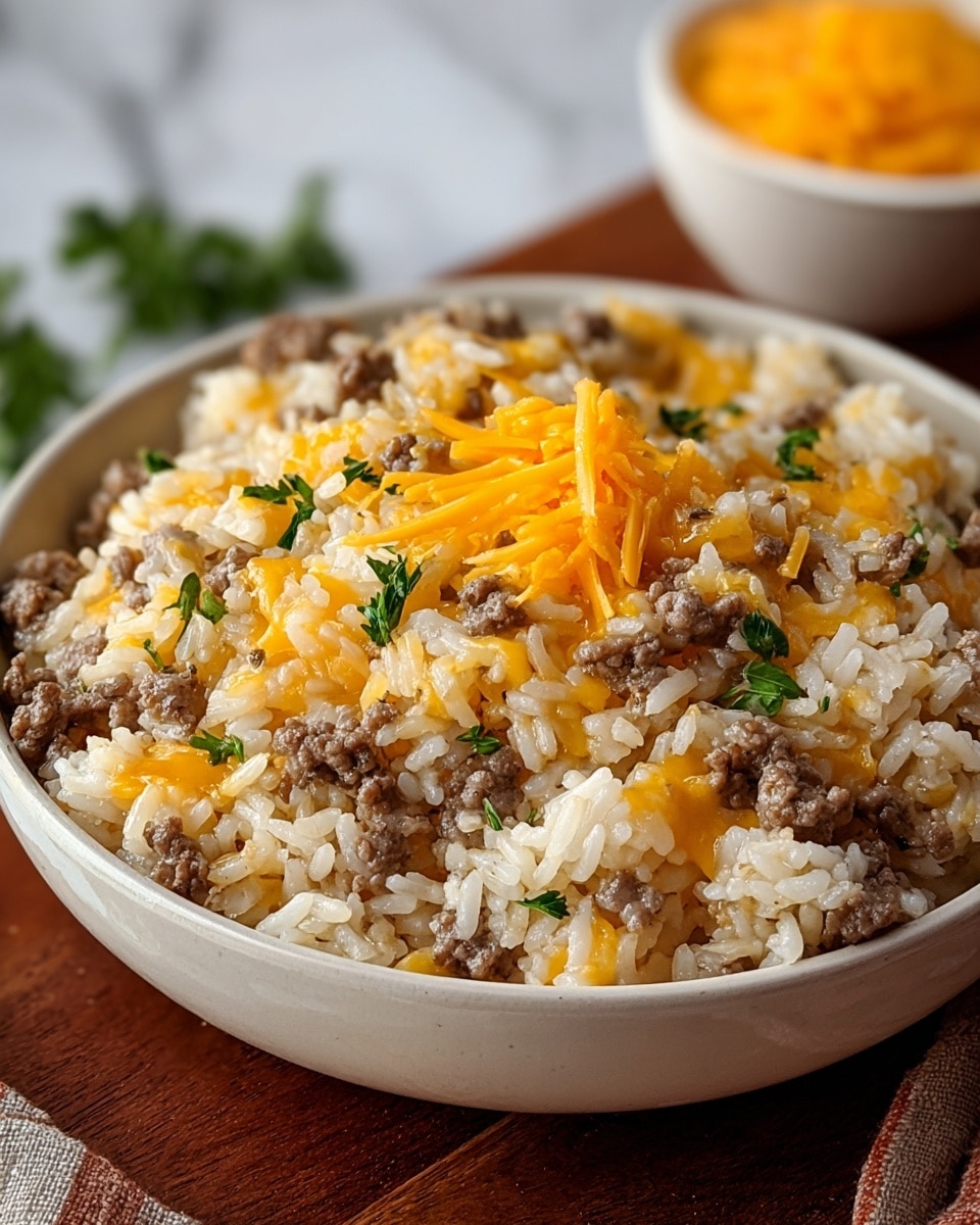 A large white bowl is filled with a creamy mix of white rice and small browned meat pieces scattered throughout. The rice looks soft and slightly sticky, with a light yellowish creamy sauce binding it together. On top, there is a layer of shredded bright orange cheddar cheese spread unevenly and sprinkled with small pieces of fresh green herbs. The bowl is placed on a wooden board with a white marbled texture in the background, and in the background, there is a small white bowl blurred, holding more shredded cheese and a garnish of fresh green herbs. photo taken with an iphone --ar 4:5 --v 7