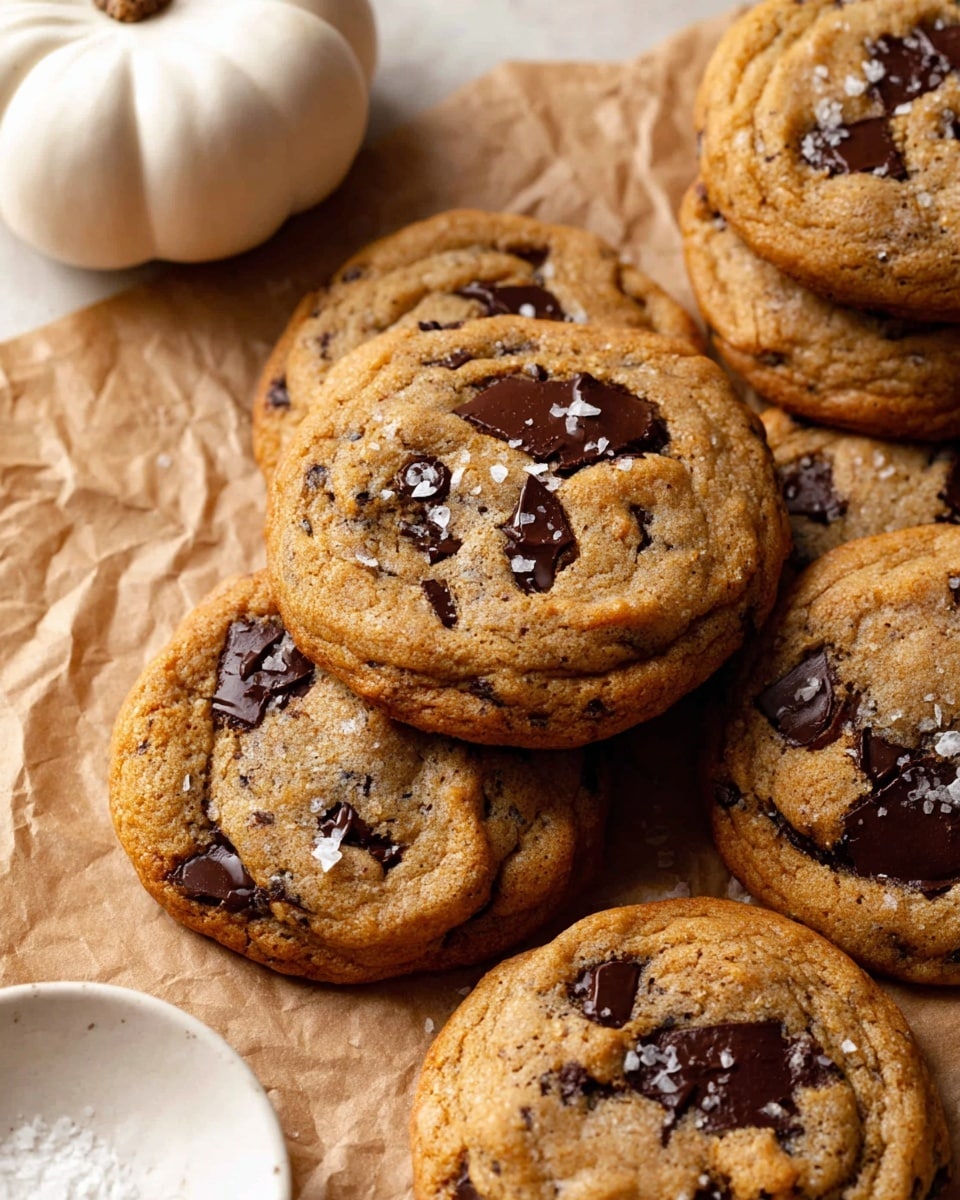 A close-up of two soft-baked chocolate chip cookies resting on crinkled brown paper set on a white marbled texture. The visible cookie layers include a light golden-brown dough base with melted rich, dark chocolate chunks swirled through, topped with a few coarse grains of white sea salt. One cookie has a bite taken out, showing a gooey, moist inside with uneven chocolate melting, while the cookie next to it remains whole, showing soft cracks and texture. Some cookie crumbs are scattered around, emphasizing the fresh and chewy look. In the background, a white pumpkin shape is out of focus, adding a subtle seasonal touch. photo taken with an iphone --ar 4:5 --v 7