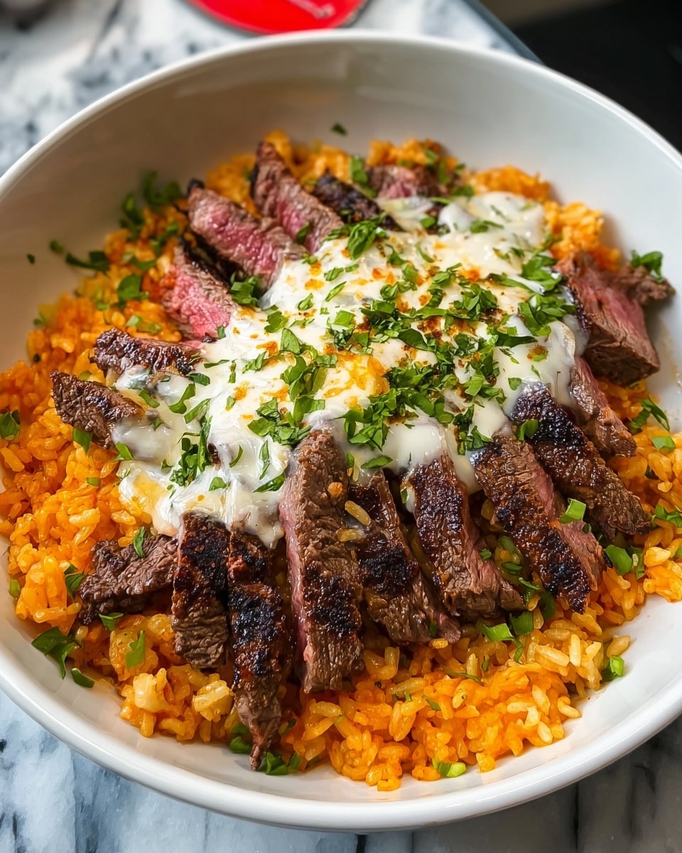 A white bowl filled with a base layer of bright orange Mexican rice, topped with several pieces of medium-rare grilled steak cut into strips showing a pink center and charred edges, layered with melted creamy white and yellow cheese draped over the steak, and sprinkled with small bits of fresh green chopped herbs over the top and around the bowl edges, all placed on a white marbled surface. photo taken with an iphone --ar 4:5 --v 7