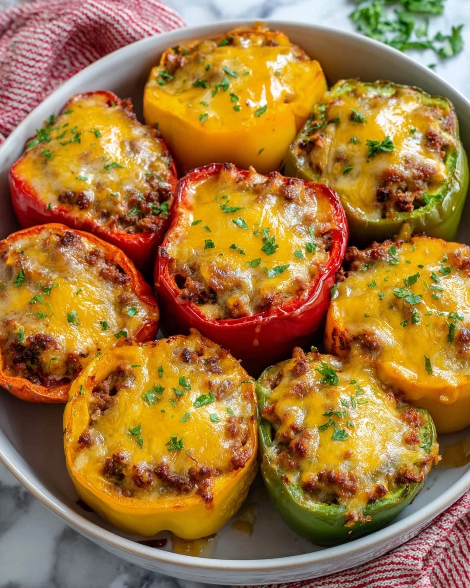A white bowl holds eight stuffed bell peppers in three colors: red, yellow, and green. The peppers are cut in half and filled with a layer of ground meat mixed with small bits, topped with a thick layer of melted golden-yellow cheese that slightly spills over the edges. The cheese has a shiny, smooth texture with browned spots, and the filling is sprinkled with finely chopped green herbs. The bowl sits on a white marbled surface with a red and white cloth partially visible nearby. Photo taken with an iphone --ar 4:5 --v 7