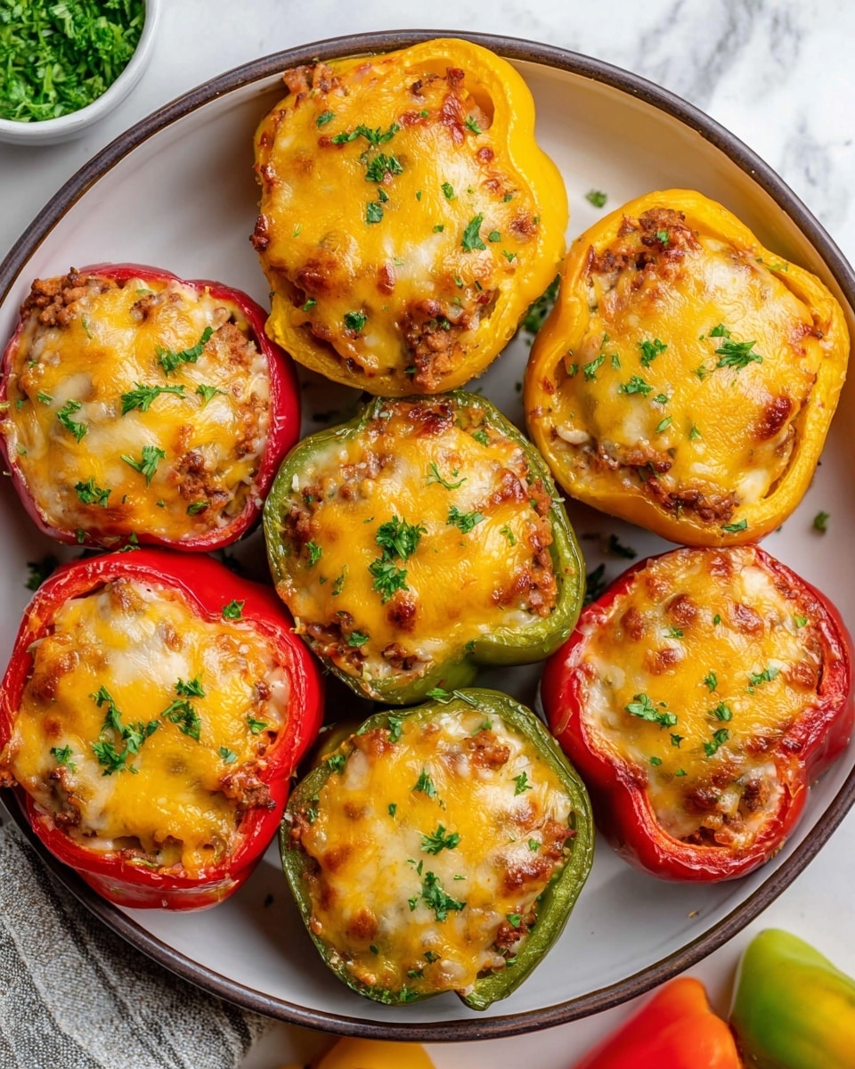 Seven stuffed bell peppers are arranged closely in a round white bowl with a dark rim, each halved and filled with a mix of browned ground meat and rice. The peppers come in different colors: red, yellow, and green. Each stuffed pepper is topped with a layer of melted golden-yellow cheese, which looks slightly bubbly and browned at the edges. Small green parsley flakes are sprinkled over the cheese, adding a fresh touch. Around the bowl, a white marbled surface is visible, with some colorful bell peppers and a small white dish filled with chopped parsley shown at the edges. photo taken with an iphone --ar 4:5 --v 7