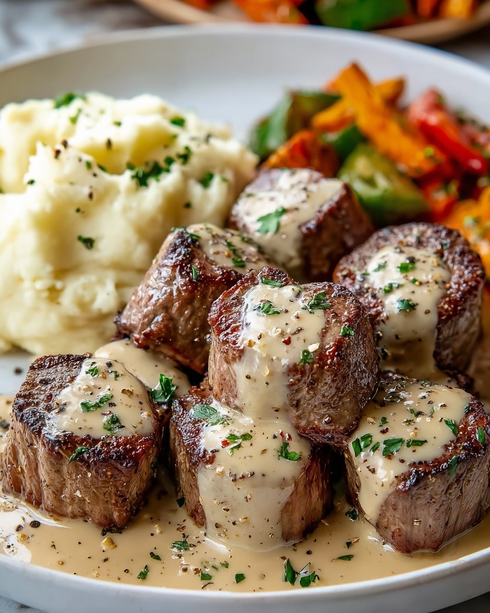 A white plate holds several grilled beef medallions, each evenly browned with a charred, seared texture on the edges. Each medallion is topped with a smooth, creamy beige sauce speckled with black pepper and garnished with chopped green herbs. The medallions sit in a shallow layer of the same sauce, which pools slightly on the plate. In the background, there are roasted golden-yellow baby potatoes mixed with bright orange carrot pieces, adding a warm contrast, and a mound of fluffy white mashed potatoes garnished with finely chopped green herbs. The whole presentation is vibrant and rich, set on a white marbled surface, photo taken with an iphone --ar 4:5 --v 7