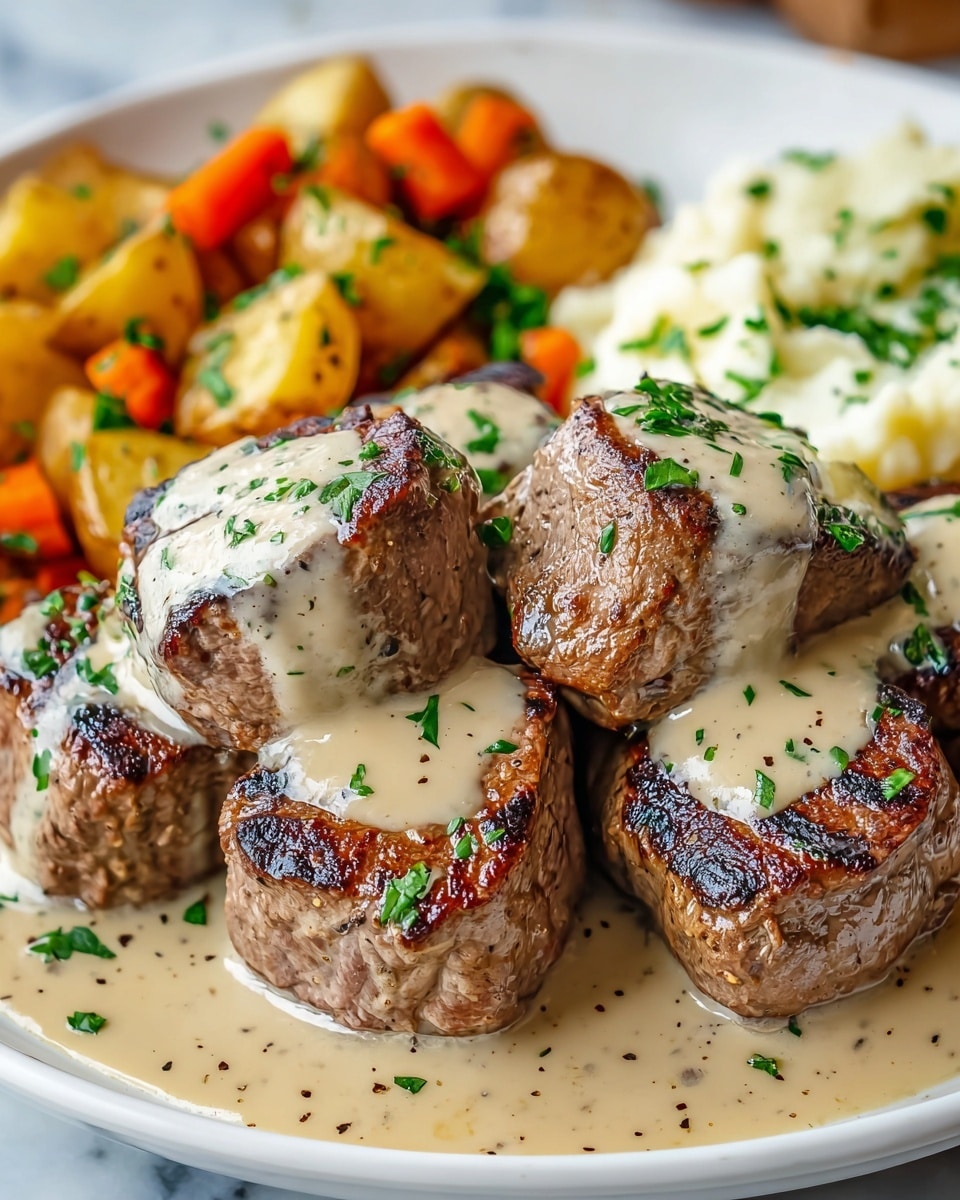 A white plate holds several small, round pieces of seared beef medallions with a dark brown, slightly crispy outer layer. Each piece is topped with a creamy, light beige peppercorn sauce that partially covers the meat and pools around the base, sprinkled with cracked black pepper and chopped green herbs. To the side, there is a mound of smooth, white mashed potatoes with a few green herb specks on top. The background shows blurred, colorful roasted vegetables with orange and green hues on a white marbled surface. photo taken with an iphone --ar 4:5 --v 7