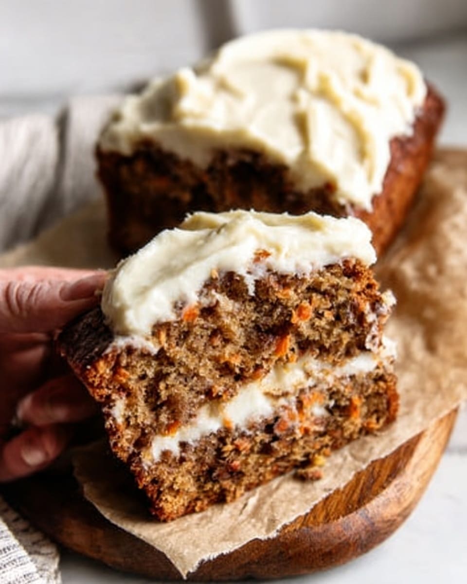 The image shows a two-layer carrot cake slice resting on brown parchment paper over a wooden board. The cake layers are light brown with visible bits of carrot and nuts inside, covered generously on top and slightly on the sides with thick, creamy white frosting. A woman's hand is holding one of the slices, showing a soft and moist texture. The background is a white marbled texture. Photo taken with an iphone --ar 4:5 --v 7
