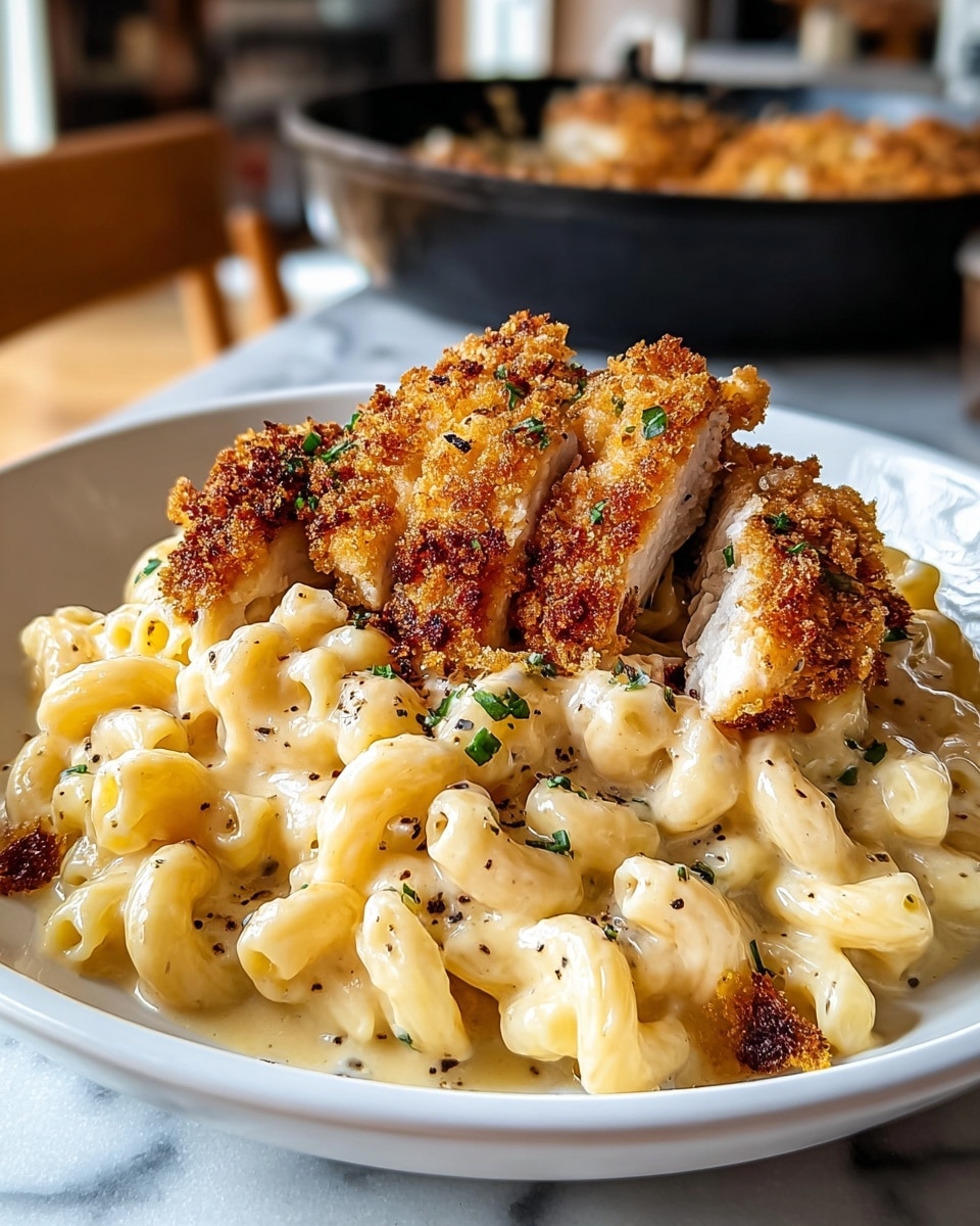 A white plate holds creamy macaroni and cheese made with soft, pale yellow curls of pasta coated in smooth cheese sauce, speckled with black pepper and bits of chopped green herbs. On top, a thick layer of golden-brown breaded chicken pieces adds a crunchy texture, with some parts showing a crispy, browned exterior and a tender white inside. A few more crumbs of breading are scattered around the chicken, enhancing the contrast between creamy and crunchy. The background is a slightly blurred kitchen scene with a black pan and wooden elements, all set on a white marbled surface. photo taken with an iphone --ar 4:5 --v 7