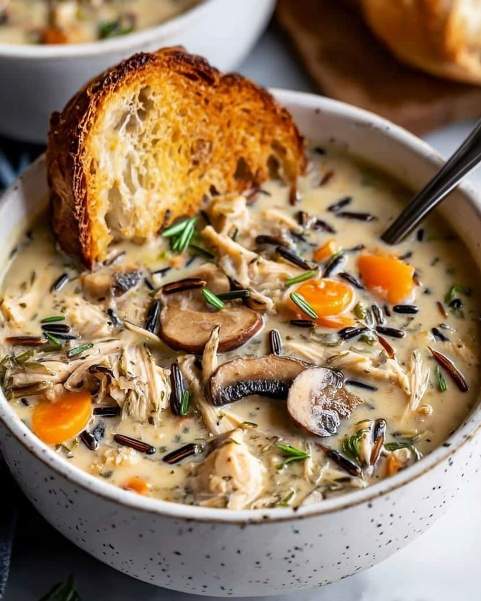 The image shows a thick cream soup served in a white bowl with small black speckled details. The soup has a creamy, light beige base and is filled with visible layers of ingredients: sliced brown mushrooms, shredded light beige chicken pieces, thin orange carrot slices, and scattered black grains of wild rice. Small green herbs are sprinkled on top, adding a fresh touch. A piece of toasted bread with a crisp golden crust is placed resting inside the bowl on the edge. A spoon is partially submerged into the soup on the right side. The bowl sits on a white marbled surface, and in the blurred background, there is more bread visible. photo taken with an iphone --ar 4:5 --v 7