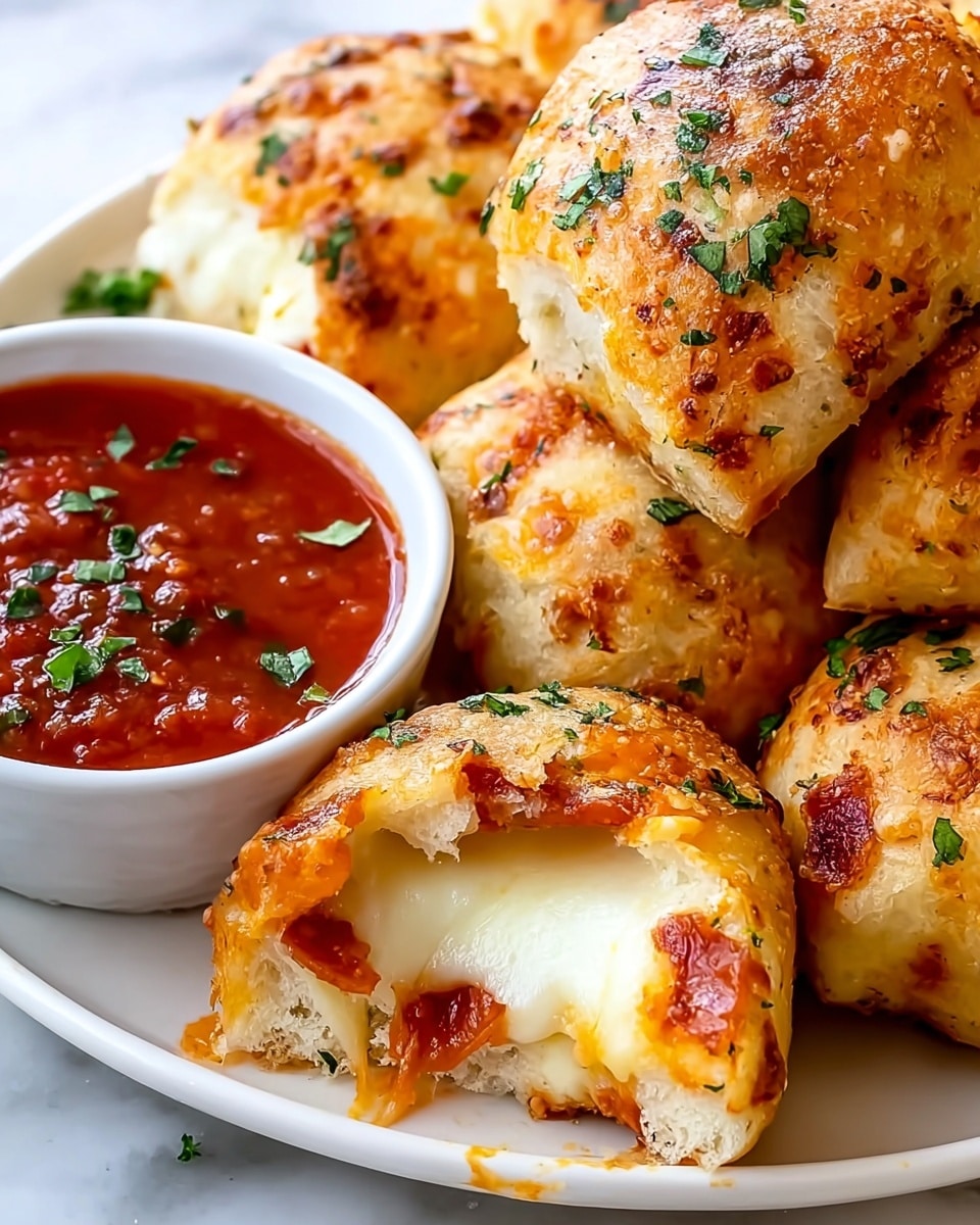 The image shows a close-up of cheesy bread bites on a white plate, set on a white marbled surface. The bread has a golden brown top with a slightly crispy texture, sprinkled with chopped green herbs. One bread bite is broken open, revealing soft, fluffy white inside layers filled generously with melted white cheese and bits of red pepperoni. Nearby is a small white bowl filled with a rich, deep red marinara sauce garnished lightly with green herbs, perfect for dipping. The overall look is warm, fresh, and inviting. photo taken with an iphone --ar 4:5 --v 7