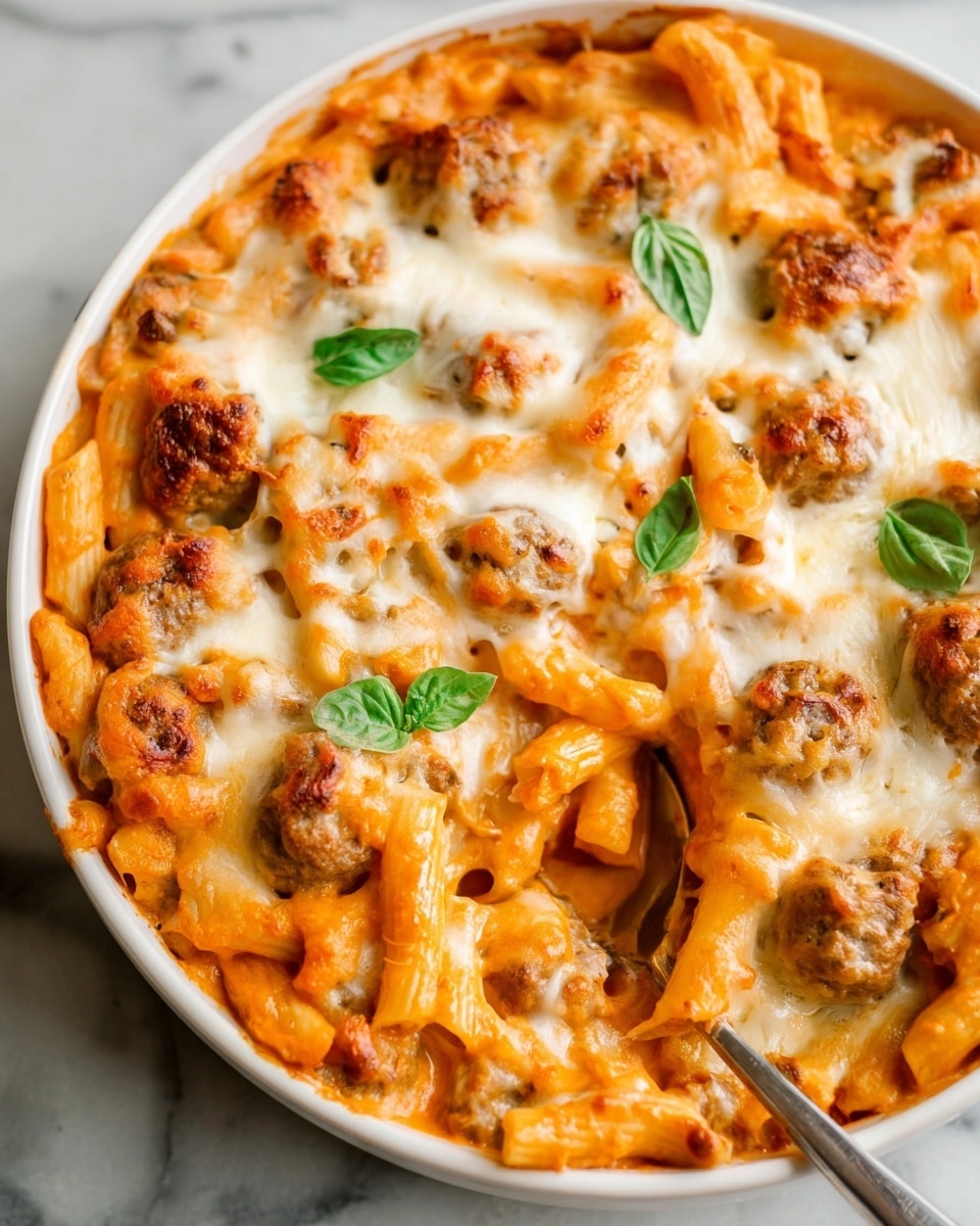 A white bowl filled with a baked pasta dish showing two main layers: the bottom layer is a creamy orange sauce mixed with ziti pasta and browned meatballs scattered throughout, the top layer is melted white cheese spread evenly with a slightly browned texture. Small fresh green basil leaves are placed on top as garnish. A silver serving spoon is partially visible on the right side, resting inside the bowl on the white marbled surface. photo taken with an iphone --ar 4:5 --v 7