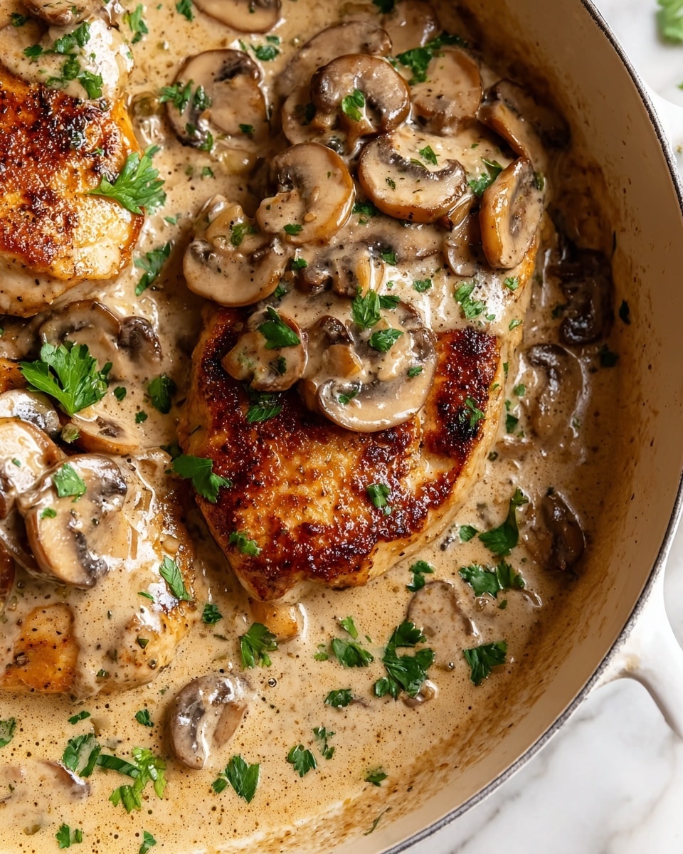 The image shows a close-up of two browned chicken breasts covered in a creamy mushroom sauce. The top layer consists of light brown sliced mushrooms and fresh green parsley leaves scattered on the sauce. The middle layer is the thick cream sauce with a beige color and small specks of herbs mixed in. The bottom layer is the golden brown seared chicken with a crispy texture. All the food is inside a white pot with a visible rim, placed on a white marbled surface. The photo taken with an iphone --ar 4:5 --v 7