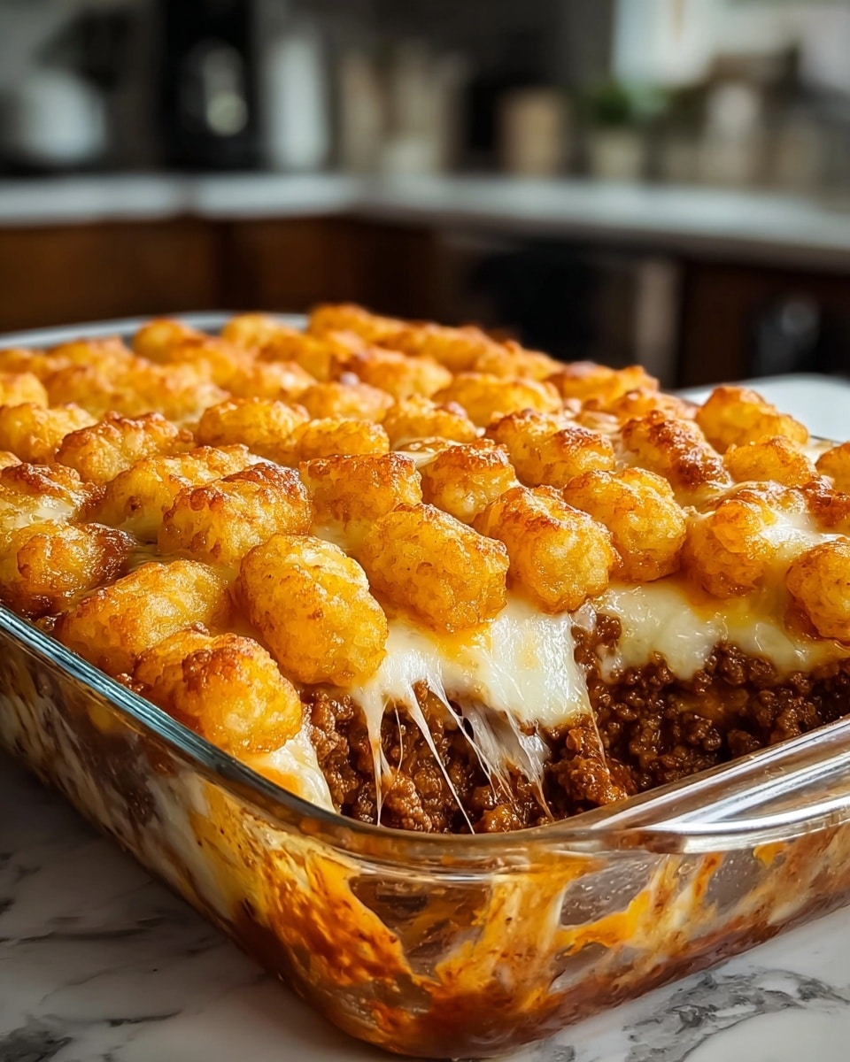 The dish is a thick, baked casserole in a clear glass dish, showing three main layers: the bottom layer is rich brown cooked ground meat mixed with sauces, the middle layer is gooey white and orange melted cheese stretched slightly down the sides, and the top layer is golden-brown tater tots arranged tightly on top, all with a crispy, bubbly texture. The casserole sits on a white marbled surface with a blurred kitchen background. photo taken with an iphone --ar 4:5 --v 7
