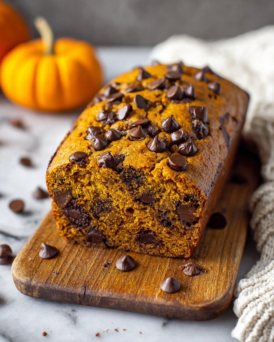 The image shows a single loaf of pumpkin bread with a dense texture, studded generously with dark chocolate chips throughout the bread and on top. The bread is a warm orange-brown color, with a slightly cracked surface revealing moist, chocolate-streaked inside. The loaf sits on a wooden cutting board with a few chocolate chips scattered around it. In the blurred background, there is a small round orange pumpkin resting on a white marbled surface with a white knitted cloth nearby. Photo taken with an iphone --ar 4:5 --v 7