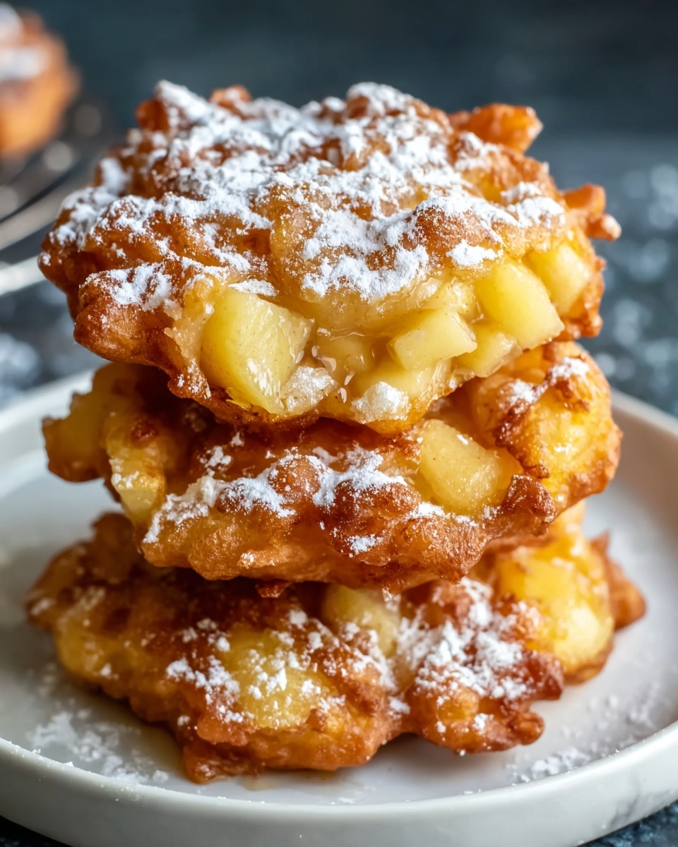 A stack of three golden brown apple fritters sits on a white plate, each fritter thick with chunks of light yellow apple visible inside the crispy, textured batter. The fritters have uneven, rough edges and are sprinkled generously with white powdered sugar on top, adding a light dusting over the warm, fried surface. The plate rests on a white marbled surface with a soft, blurred background. photo taken with an iphone --ar 4:5 --v 7