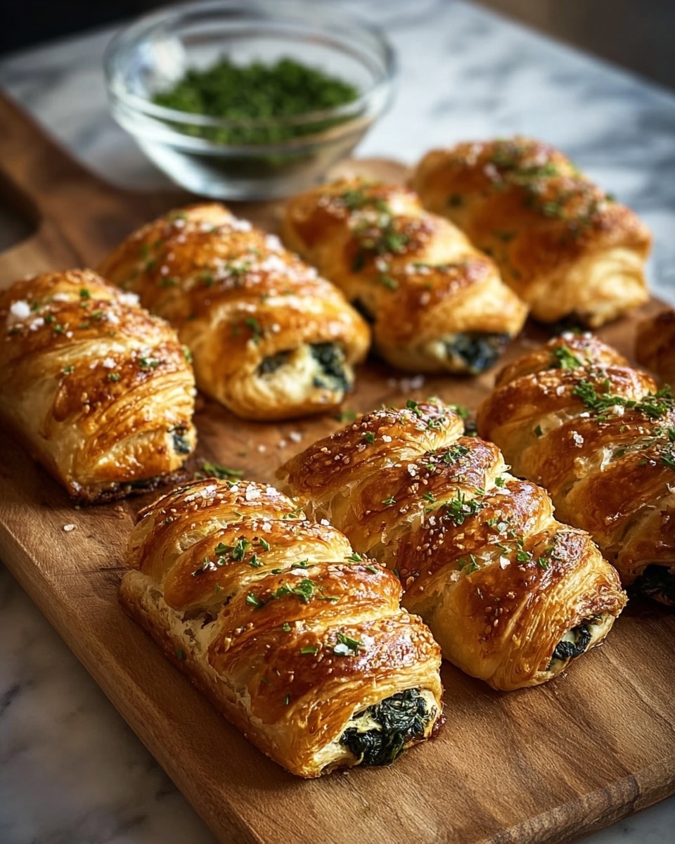 A wooden board holds eight golden brown braided pastries, each with visible layers of flaky, shiny crust sprinkled with coarse salt and finely chopped green herbs. The pastries are arranged in two neat rows, showing a filling of dark green spinach and white cheese peeking out from the ends and in between the braided dough strips. In the background, a clear glass bowl contains more chopped green herbs, resting on a white marbled surface. The lighting highlights the crisp texture and warm tones of the pastries. Photo taken with an iphone --ar 4:5 --v 7