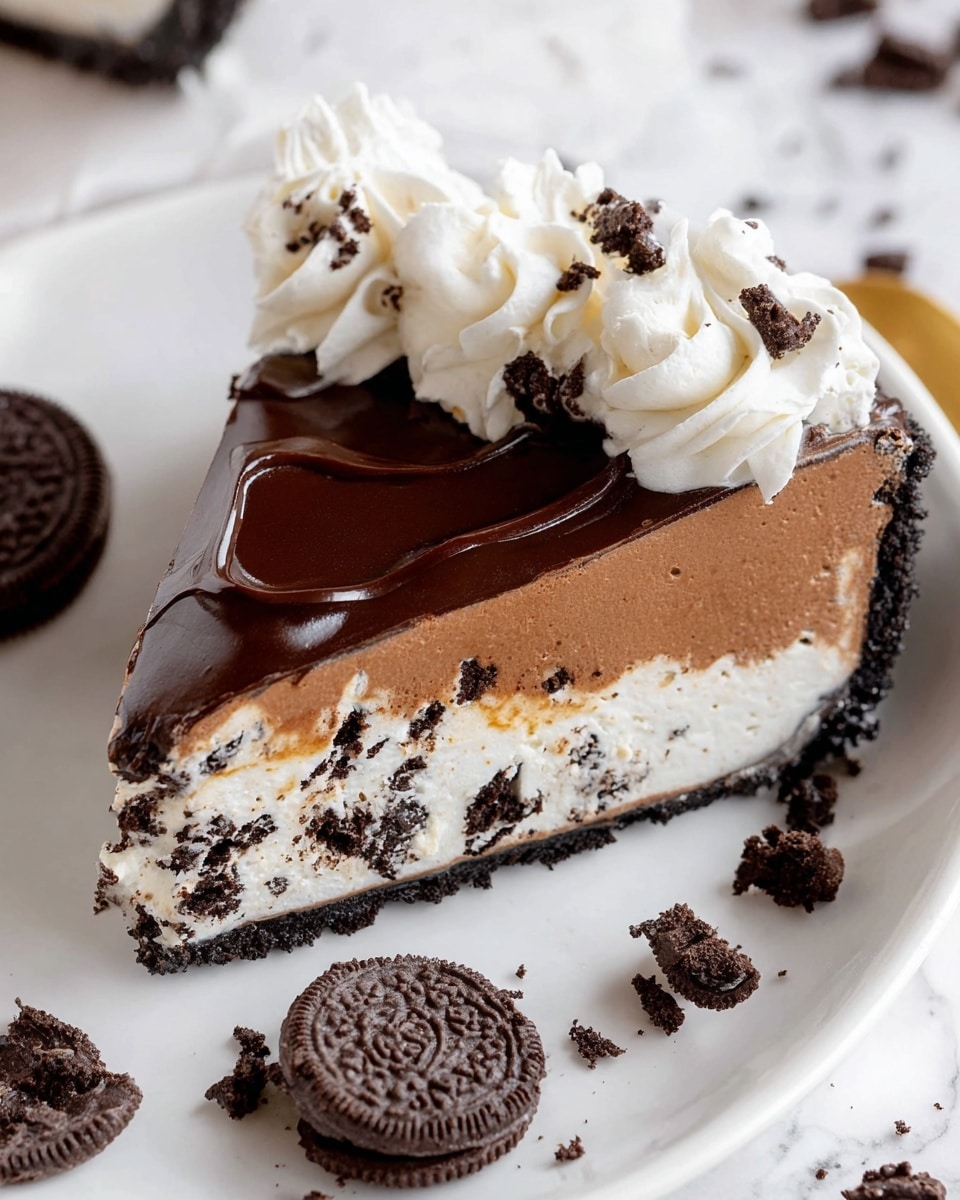A slice of pie sits on a white plate, showing four main layers from bottom to top: a thin, dark crumbly crust, a thick creamy white layer with large dark cookie chunks mixed throughout, a smooth medium-brown chocolate layer, and a fluffy white whipped cream decoration on the edge. The whole pie is coated with a shiny chocolate layer on top and decorated with dollops of white whipped cream and small dark cookie pieces around the edge. Broken cookie pieces are scattered nearby on a white marbled surface. Photo taken with an iphone --ar 4:5 --v 7