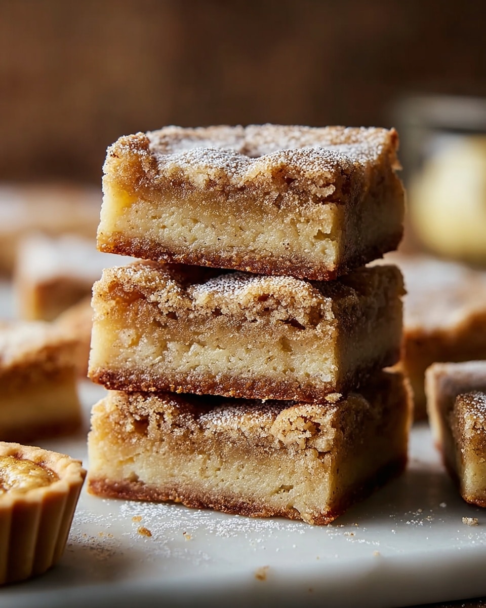 A stack of four square blondie bars is shown on a white marbled surface, each bar with two visible layers: a thick, moist-looking pale golden base layer and a thinner, slightly crumbly top layer with a dusting of powdered sugar, giving a lightly textured look. The edges are slightly browned, adding a warm contrast to the soft middle, and more blondies and a tart can be seen out of focus in the background, creating a cozy and inviting scene. Photo taken with an iphone --ar 4:5 --v 7