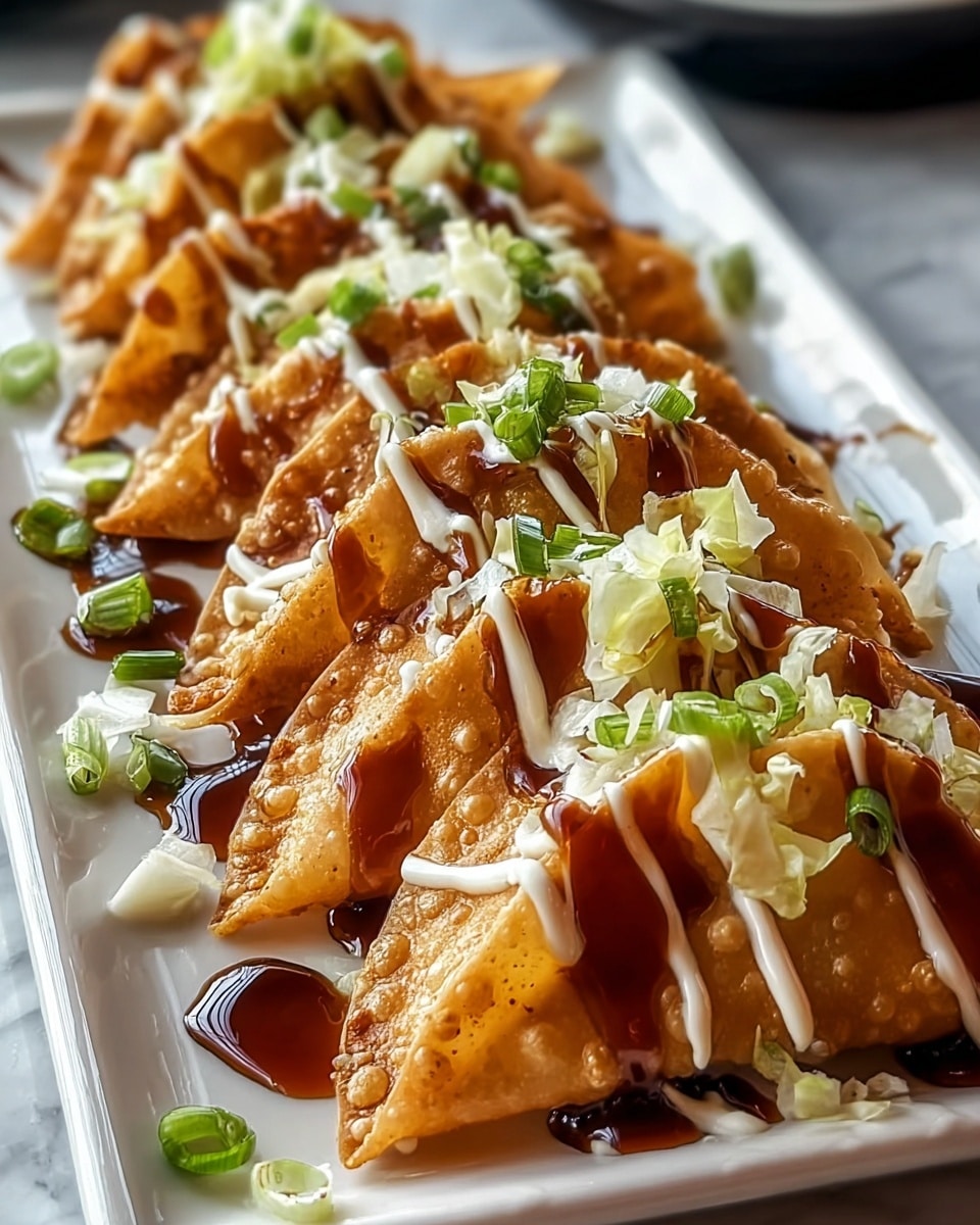 A close-up view shows a row of six golden-brown crispy dumplings on a white rectangular plate, each dumpling folded into a triangle with a textured surface, placed closely side by side. They are drizzled with two sauces: a thick, dark brown sauce and a creamy white sauce, both applied in thin lines across the dumplings. Each dumpling is topped with chopped fresh green onions and small pieces of light green cabbage, adding color and texture. Some green onion pieces and sauce drops are scattered around the plate edges, all on a white marbled surface in the background. Photo taken with an iphone --ar 4:5 --v 7