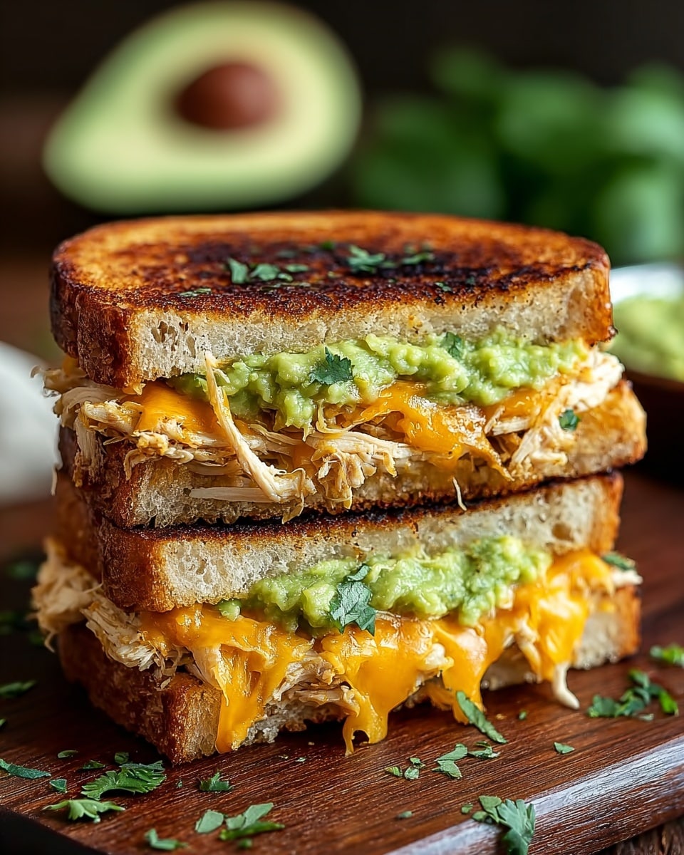 A close-up of a toasted sandwich stacked in two halves, showing layers of golden brown grilled bread with a slightly charred pattern on top. Between the bread, there are shredded light beige chicken pieces layered with melted bright orange cheddar cheese, topped with a thick spread of chunky pale green guacamole. Small green herb leaves are scattered on top of the sandwich and around it on a dark wooden board, set against a blurred background that includes a halved avocado. The sandwich appears warm and fresh with a textured and crispy outer crust. Photo taken with an iphone --ar 4:5 --v 7