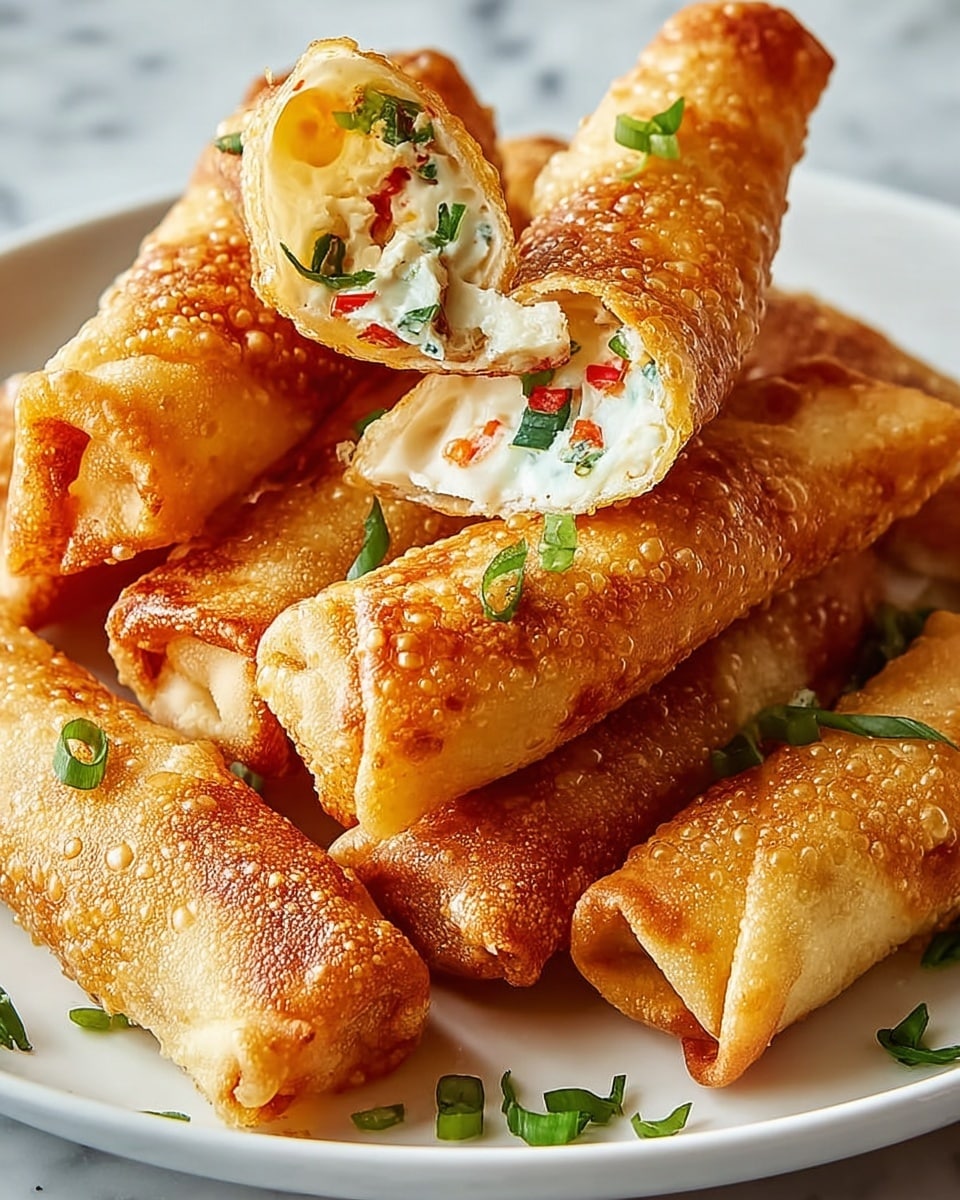 A white plate filled with several golden-brown crispy rolled snacks. Each roll is shiny with a slightly bubbled texture on the outer layer and is arranged in a pile, some overlapping each other. Two rolls are broken open to show a creamy white filling inside, mixed with small pieces of green herbs and red bits, giving a fresh and colorful look. Tiny green herb pieces are also scattered on the plate. The background is a white marbled surface. photo taken with an iphone --ar 4:5 --v 7
