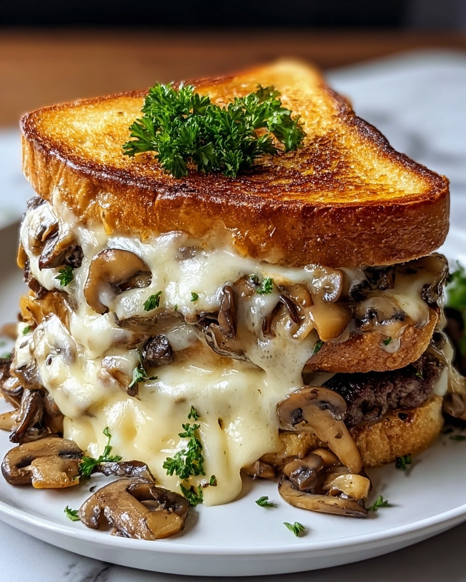 A thick sandwich with three main layers sits on a white plate. The bottom layer is a browned beef patty that looks juicy and textured. Above that is a generous layer of melted white cheese mixed with browned, cooked mushrooms that spill out slightly over the edges. The top layer is another thick slice of melted white cheese with more mushrooms, covered by a toasted golden-brown slice of bread with a slightly crispy texture. On top of the sandwich, there is a small bunch of fresh green parsley. The plate rests on a white marbled surface. photo taken with an iphone --ar 4:5 --v 7