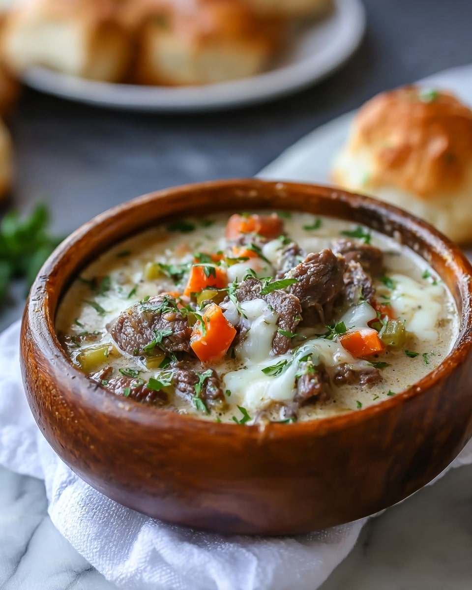 The image shows a round wooden bowl filled with creamy beef stew. The stew has visible chunks of tender brown beef layered with bright orange carrot pieces and light green celery, all in a thick, pale beige broth. Melted white cheese is spread on top in patches, sprinkled with small, fresh green herb pieces. The bowl is set on a white marbled surface with a white cloth peeking from beneath. In the blurred background, there are white plates with bread rolls. photo taken with an iphone --ar 4:5 --v 7