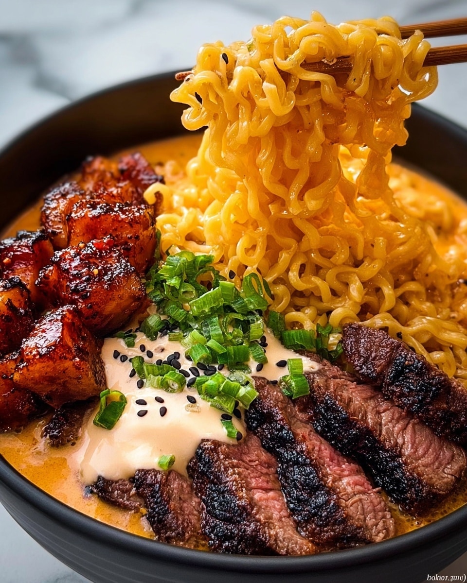 A close-up of a black bowl filled with rich, orange-colored creamy broth as the base layer, topped with thick, curly yellow noodles that are being lifted by a pair of wooden chopsticks from the right side of the bowl. Alongside the noodles, slices of seared, juicy beef with a dark brown crust and pink center are arranged on the right, next to chunks of glazed reddish-brown grilled chicken pieces on the left. On top of the noodles and meat sits a generous dollop of light beige creamy sauce sprinkled with small black sesame seeds and bright green chopped scallions, all set on a white marbled surface. Photo taken with an iphone --ar 4:5 --v 7