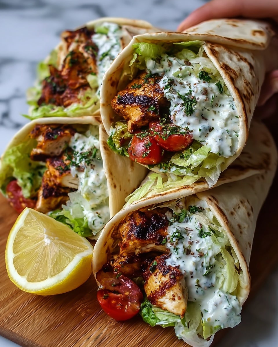 The image shows three wraps filled with grilled chicken pieces that are golden brown with char marks, a layer of fresh green lettuce, chopped red tomatoes, and creamy white sauce with green herb bits on top. The wraps are slightly toasted and folded to hold the ingredients inside, resting closely together on a wooden board. A lemon wedge with bright yellow skin sits next to the wraps. The background is a white marbled surface, and a woman's hand is holding one of the wraps on the left side of the image. Photo taken with an iphone --ar 4:5 --v 7