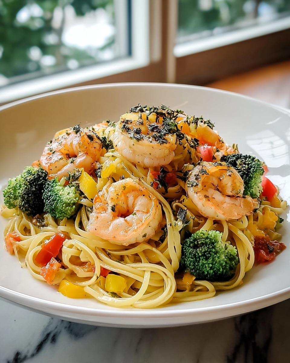 A black bowl filled with creamy yellow pasta noodles layered in the center, mixed with slices of light brown mushrooms and small red tomato pieces. On top of the pasta are seven large, pink-orange cooked shrimp with a bright red tail, sprinkled with green herbs and black pepper. The dish is garnished with fresh green parsley leaves scattered on top. The bowl sits on a white marbled surface with natural light coming from the background. Photo taken with an iphone --ar 4:5 --v 7