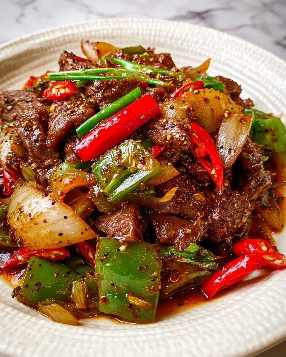 The dish is a vibrant stir-fry served on a white plate with a ridged pattern. It has many layers starting with chunks of browned meat scattered throughout. Mixed with the meat are thick slices of cooked onions that appear soft and slightly translucent, along with bright red and green bell pepper pieces that add a fresh pop of color. There are also whole mushrooms with a firm texture and dark color. The entire dish is coated in a glossy, dark sauce with visible seeds and small herbs sprinkled on top. The white marbled surface underneath the plate adds a clean contrast to the rich colors of the food. photo taken with an iphone --ar 4:5 --v 7