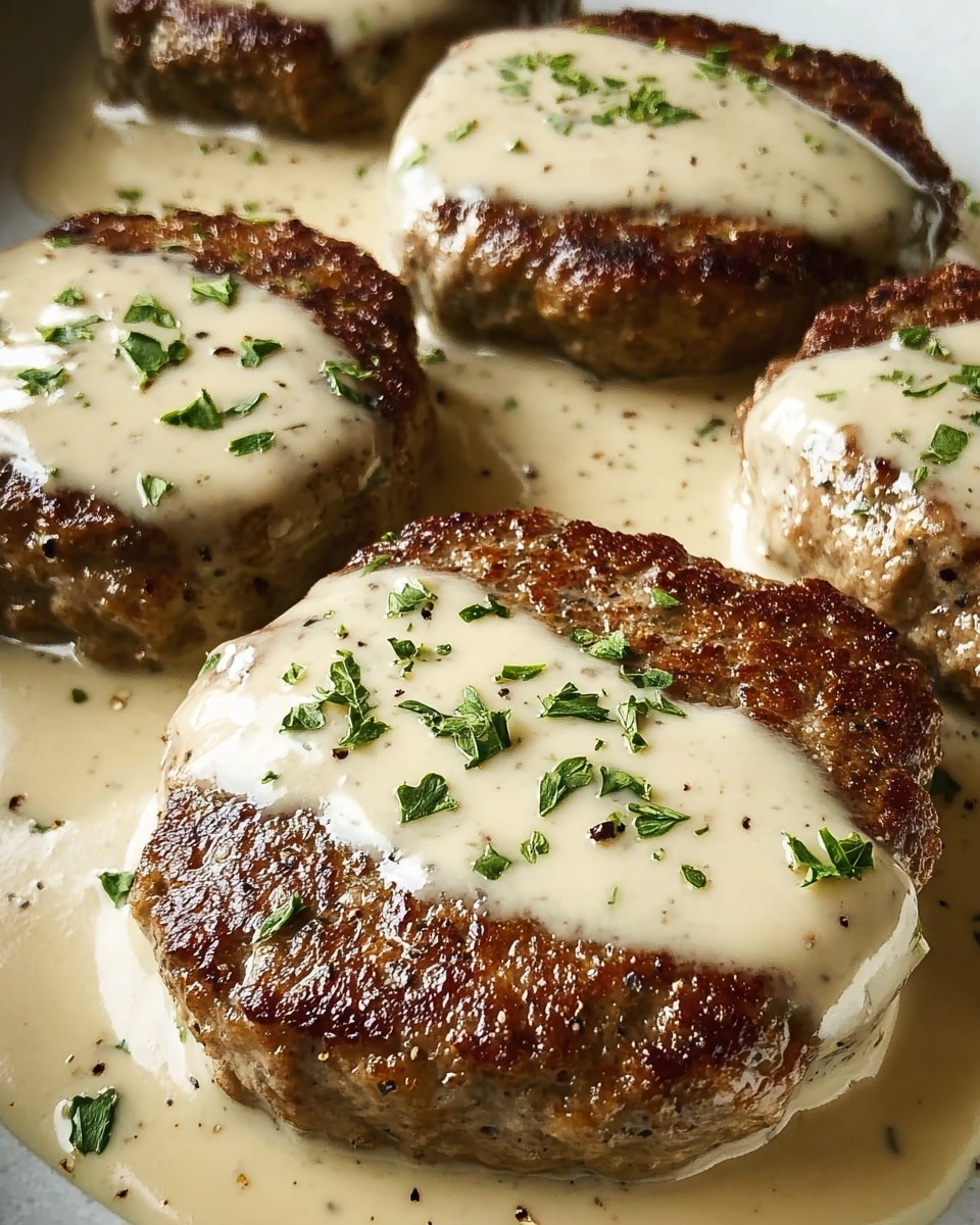The image shows five browned meat patties evenly covered with a smooth, light beige creamy sauce that pools around them on a white marbled surface. Each patty has a slightly rough, textured edge with a golden-brown crust. The sauce shimmers with a glossy finish, sprinkled lightly with freshly chopped green herbs and tiny specks of black pepper, adding contrast. The close-up angle focuses on the nearest patty, making the sauce glisten under soft light. Photo taken with an iphone --ar 4:5 --v 7