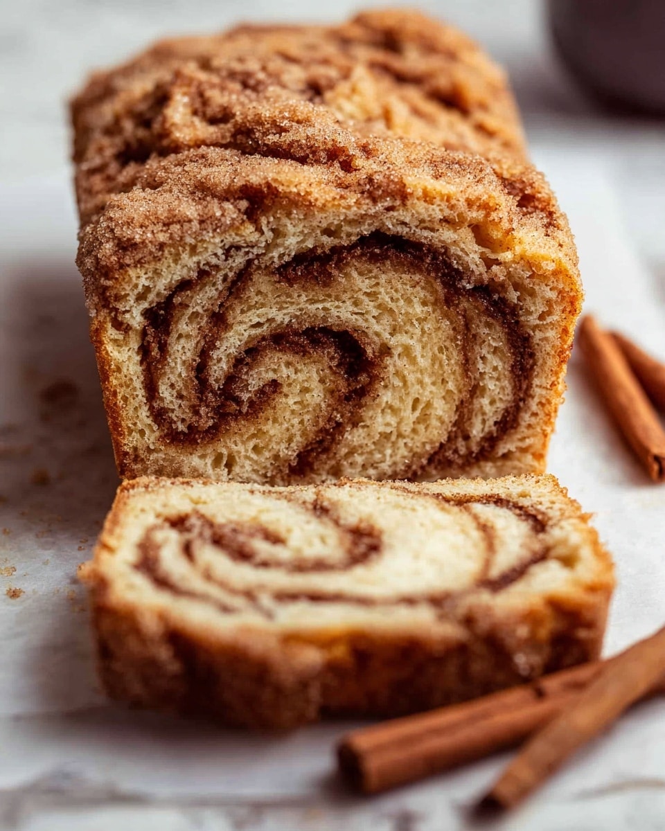 The image shows a sliced cinnamon swirl bread loaf resting on white parchment paper on a white marbled surface. The bread has a golden-brown crust with a crumbly cinnamon sugar topping, and inside, there is a distinct spiral of cinnamon filling moving through the soft, light beige crumb. The layers show a moist texture with a spiral pattern that contrasts the lighter bread and darker cinnamon. Two cinnamon sticks lie in front of the sliced bread. Photo taken with an iphone --ar 4:5 --v 7
