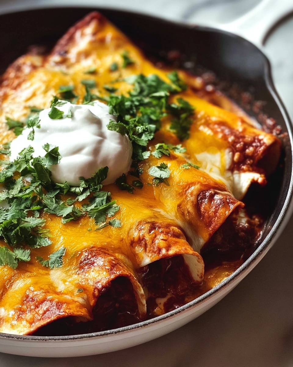 The image shows a close-up of a layered dish in a white skillet featuring three rolled tortillas filled with a visible dark filling, covered by a thick layer of melted yellow-orange cheese with a slightly browned edge. On top of the cheese, there is a dollop of white sour cream placed near the center, and fresh green chopped cilantro sprinkled over the entire dish, adding a pop of color. The background is a white marbled surface with soft natural light highlighting the textures and colors, creating a warm and appetizing look. photo taken with an iphone --ar 4:5 --v 7