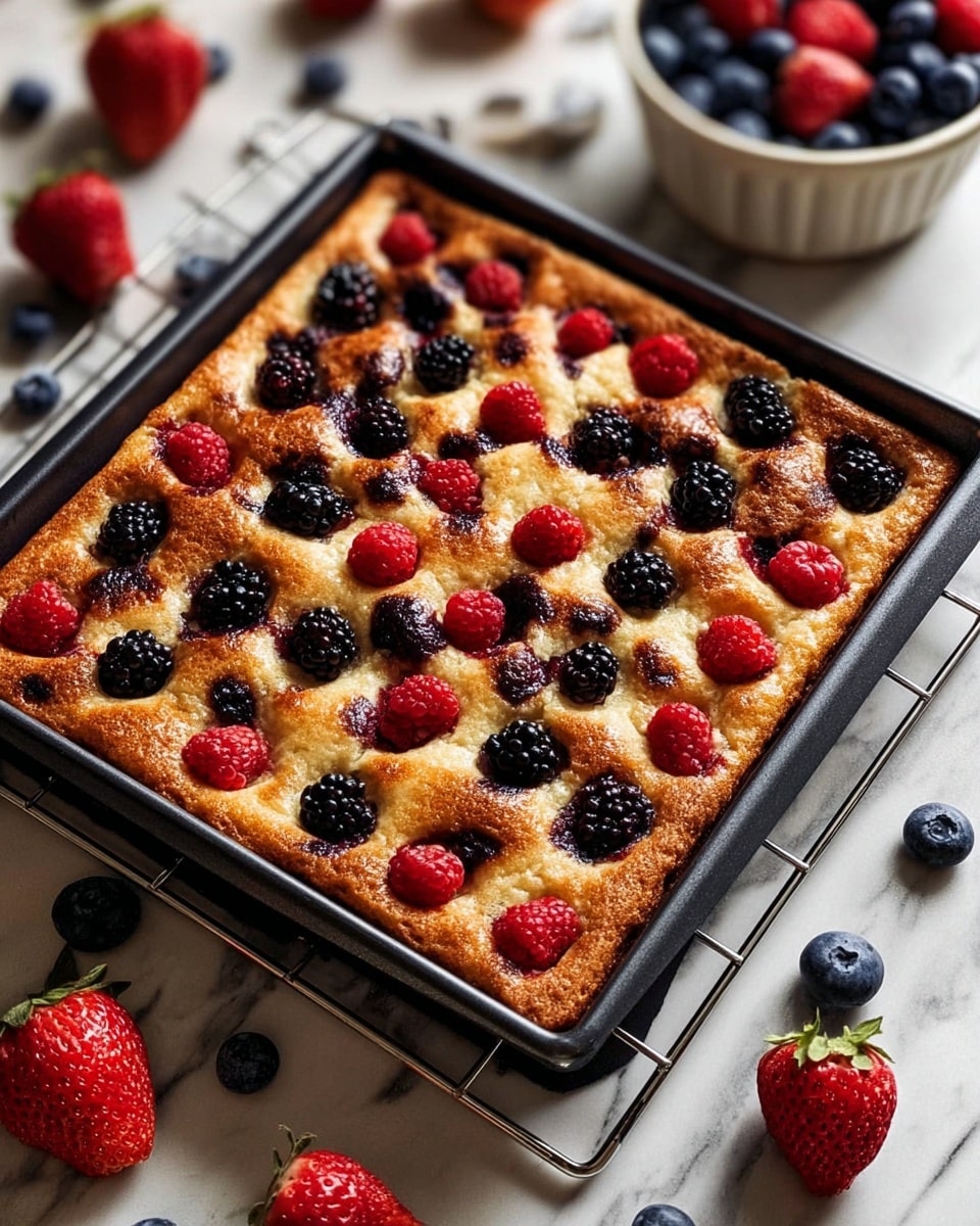 A golden-brown square baked dessert with a slightly puffed, crispy crust, dotted generously with plump blackberries and bright red raspberries evenly spread on top. The dessert is divided into nine equal sections by shallow cuts in the crust. It sits on a black square baking tray, which is placed on a cooling rack. Around the tray, fresh strawberries and blueberries lie scattered on a white marbled surface, with a blurred white bowl of mixed berries in the background. Photo taken with an iphone --ar 4:5 --v 7