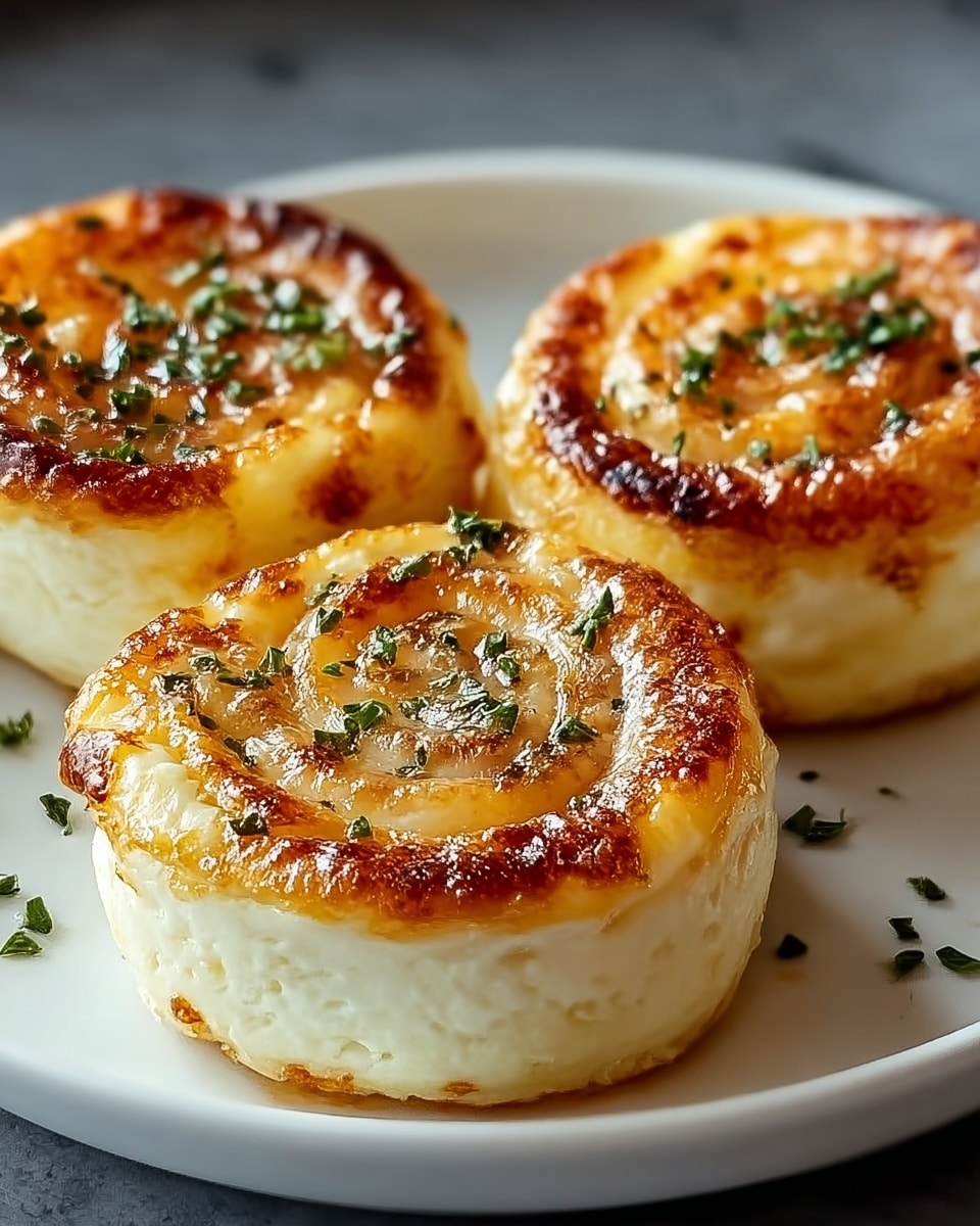 Three small, round cheese rolls are shown on a white plate. Each roll has two layers: a thick, soft white base layer and a golden-brown top layer with caramelized, slightly crispy edges. The top layer is swirled in a spiral pattern and sprinkled with small green herb pieces, adding a touch of color contrast. The cheese rolls have a shiny, slightly glossy surface that reflects light, emphasizing their tasty texture. The plate rests on a white marbled texture background. Photo taken with an iphone --ar 4:5 --v 7